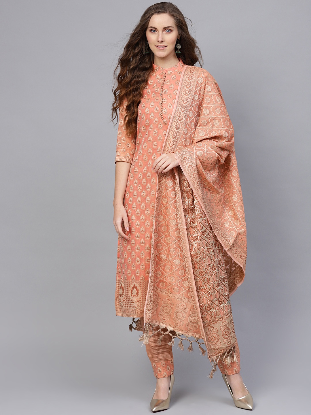 

Inddus Peach-Coloured & Beige Unstitched Dress Material