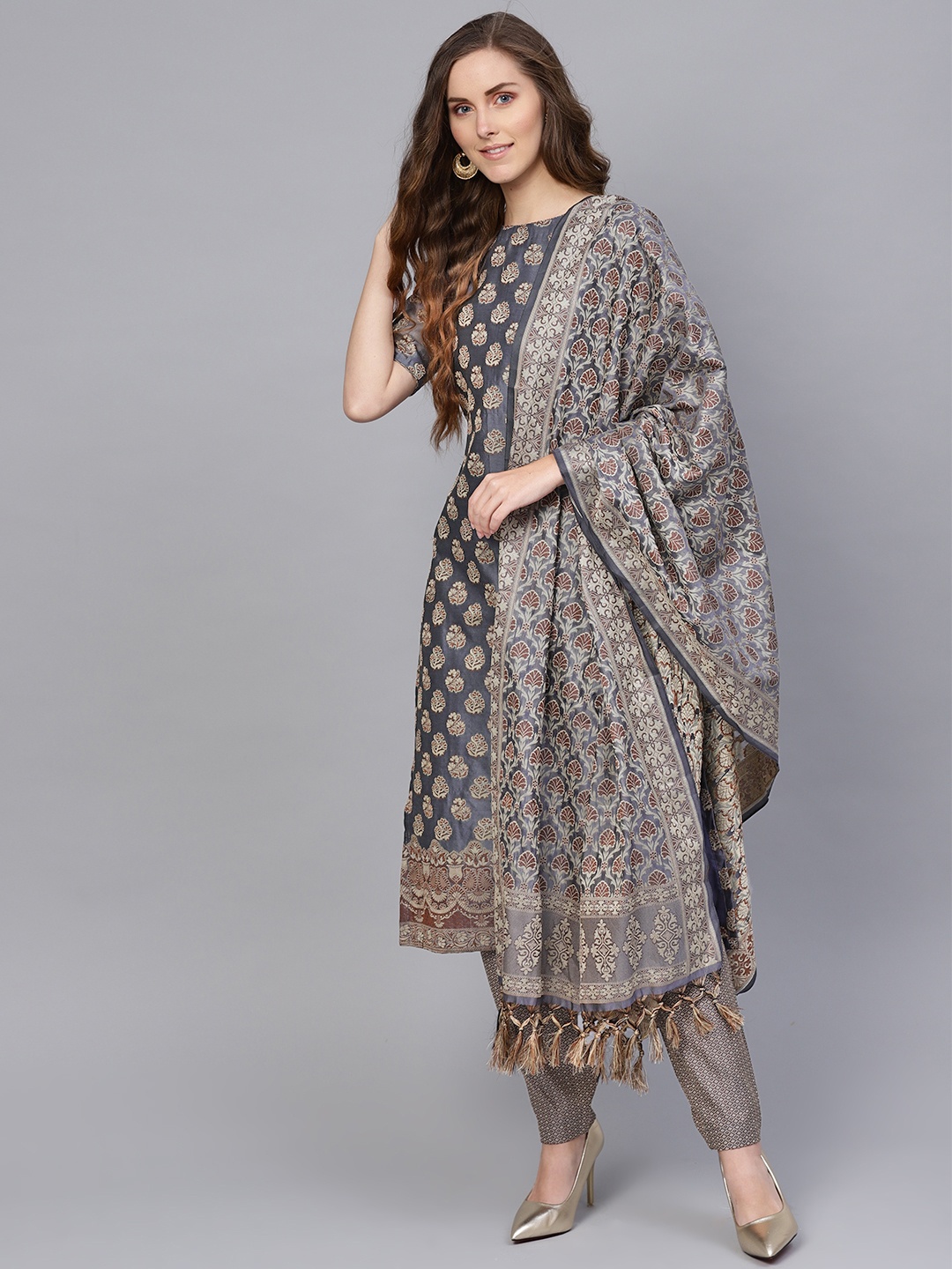 

Inddus Charcoal Grey & Beige Unstitched Dress Material