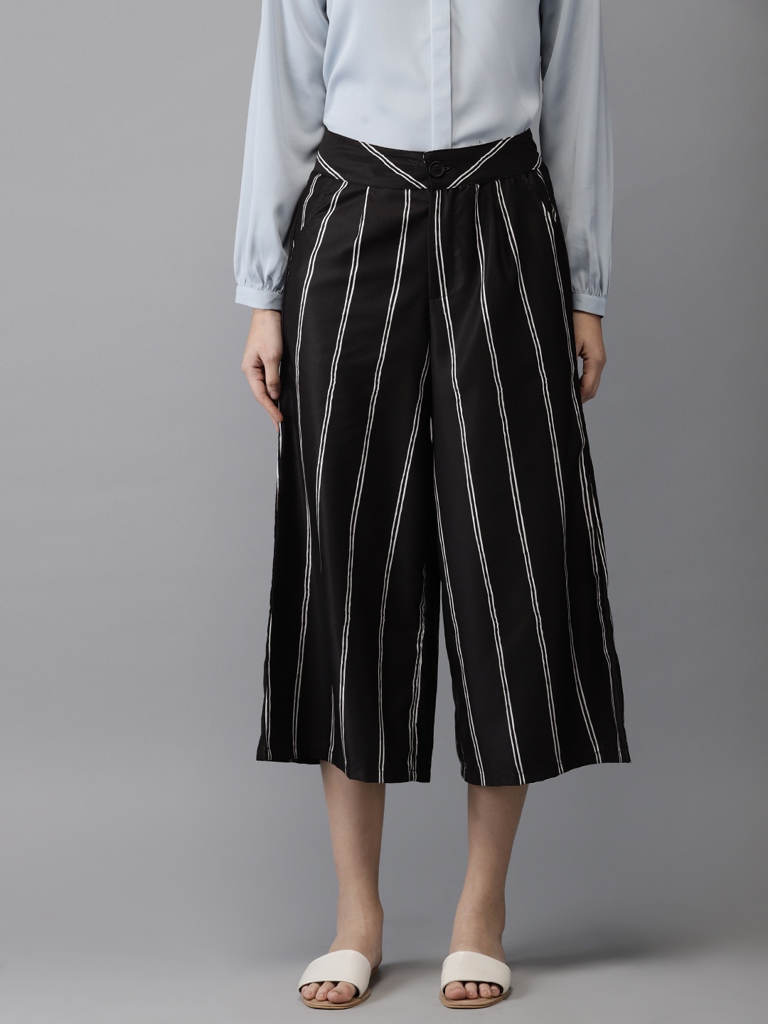 

HERE&NOW Women Black & White Striped Cropped Culottes