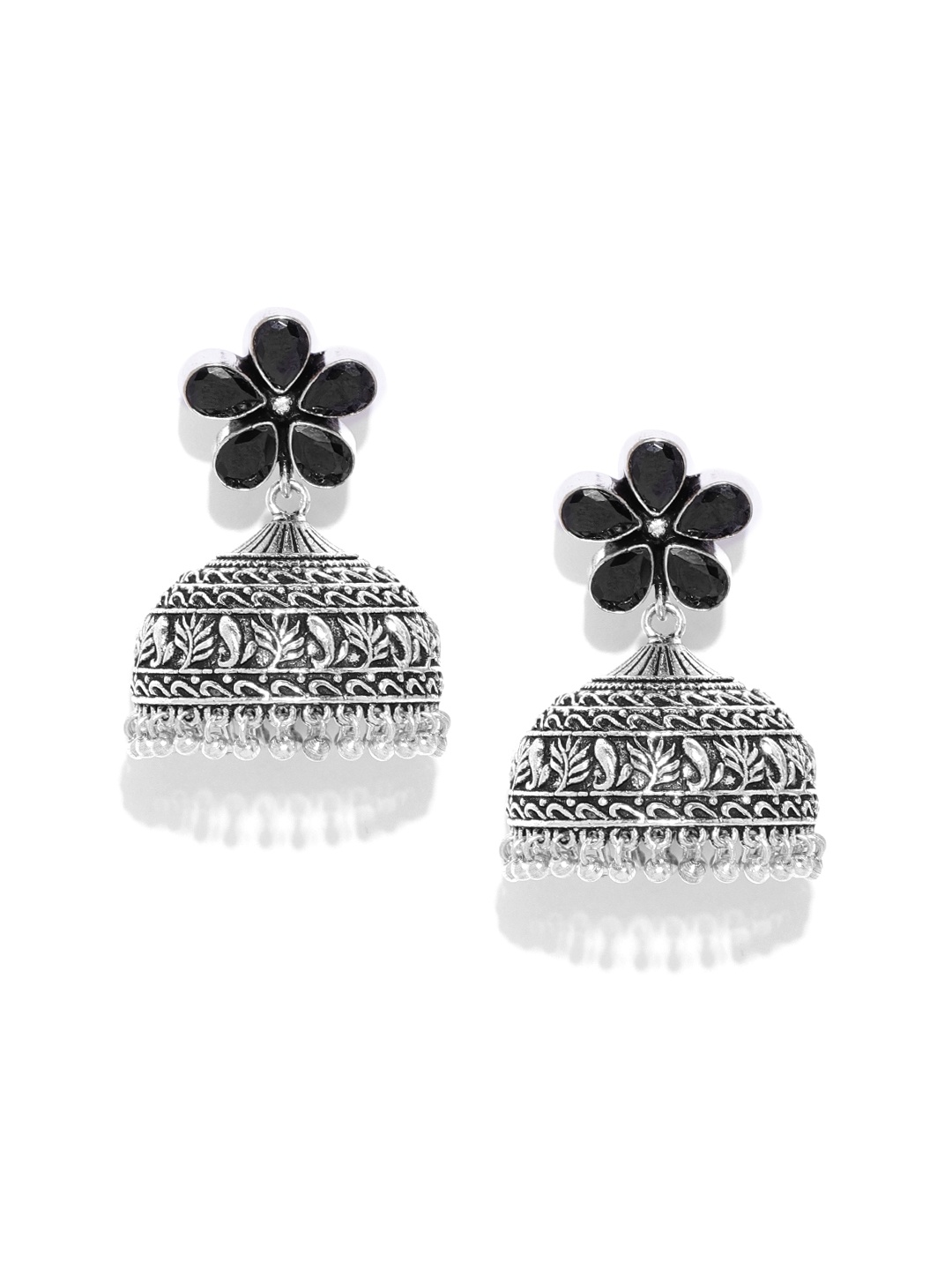 

Infuzze Oxidised Silver-Toned Brass-Plated Stone-Studded Handcrafted Dome Shaped Jhumkas