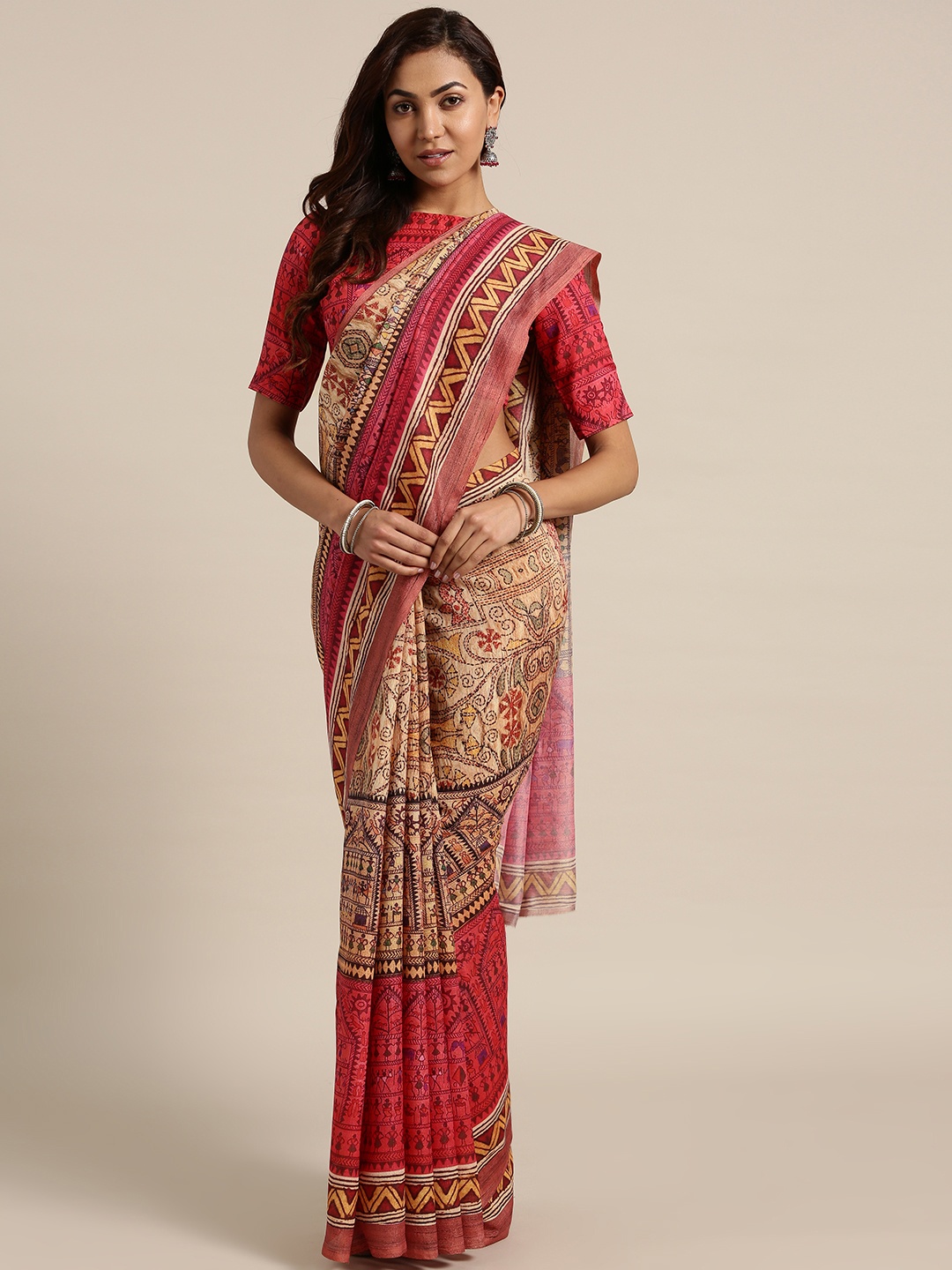 

Saree mall Beige & Pink Printed Saree