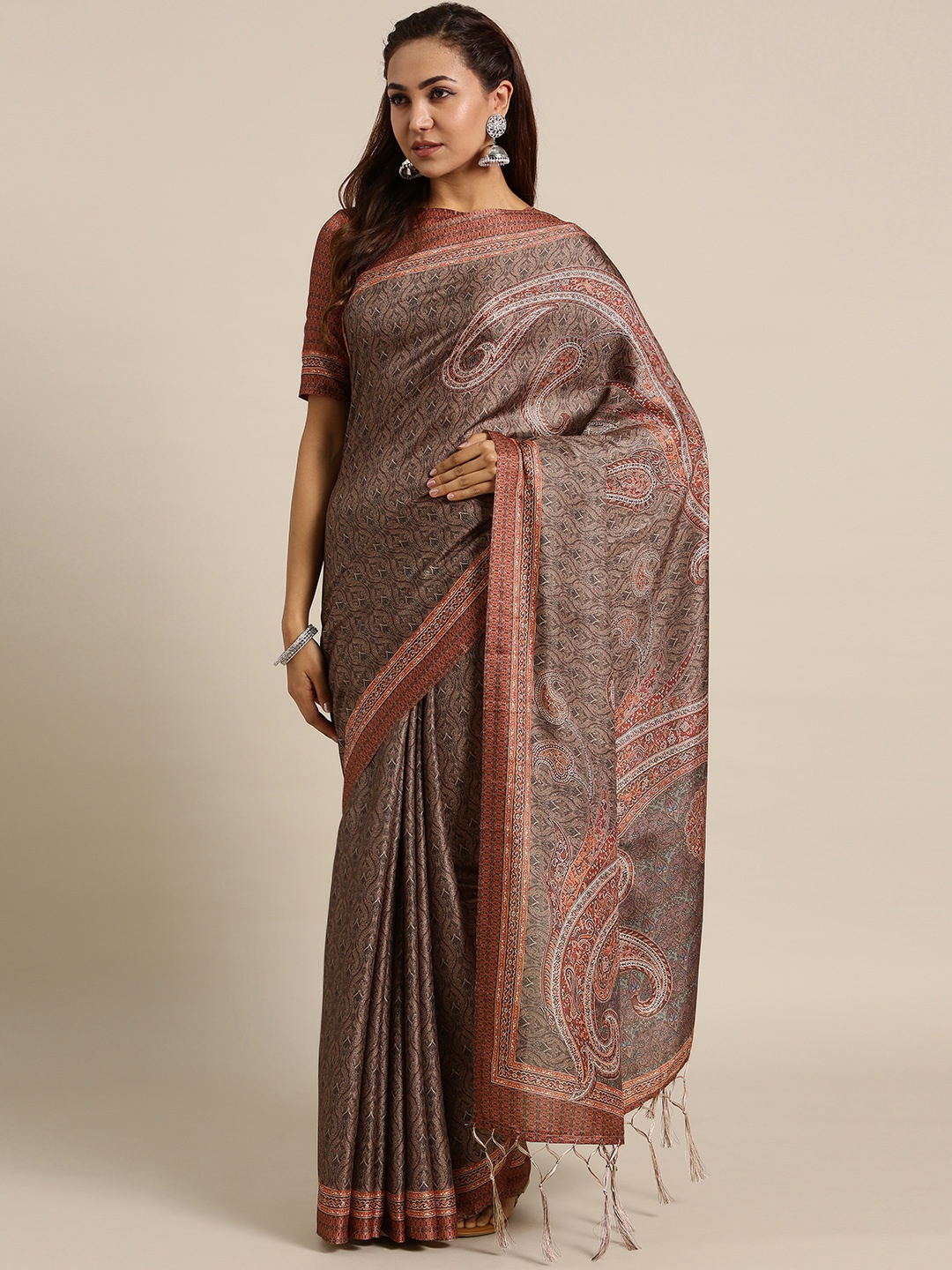 

Saree mall Brown & Red Pashmina Print Saree
