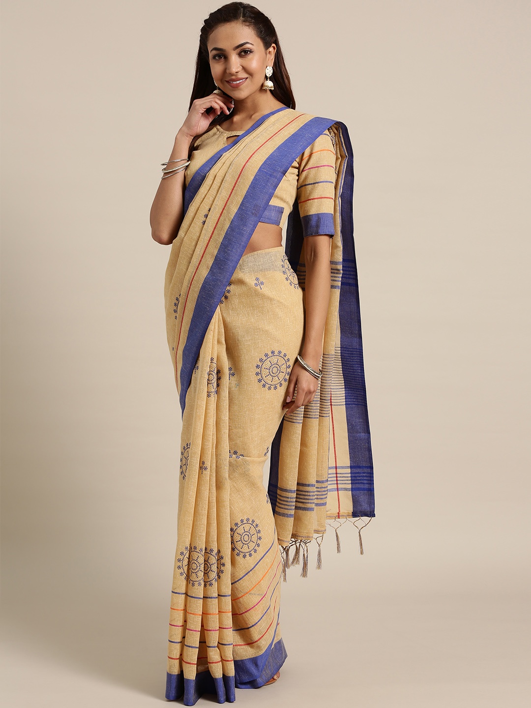 

Saree mall Beige & Blue Embroidered Saree