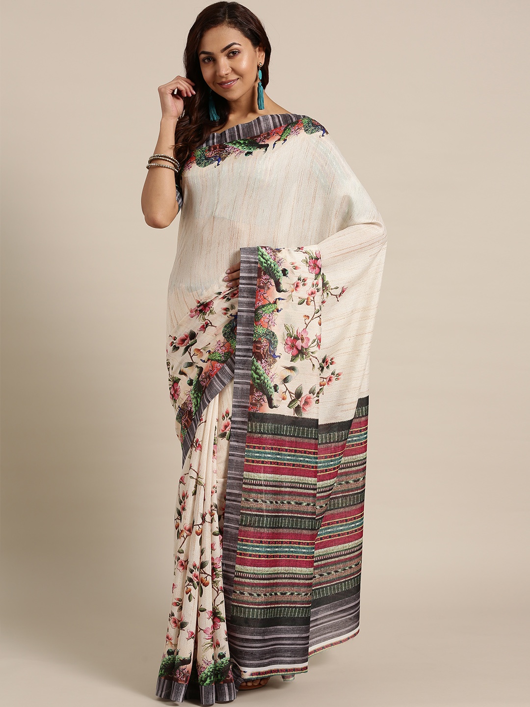 

Saree mall Beige & Green Floral Print Saree