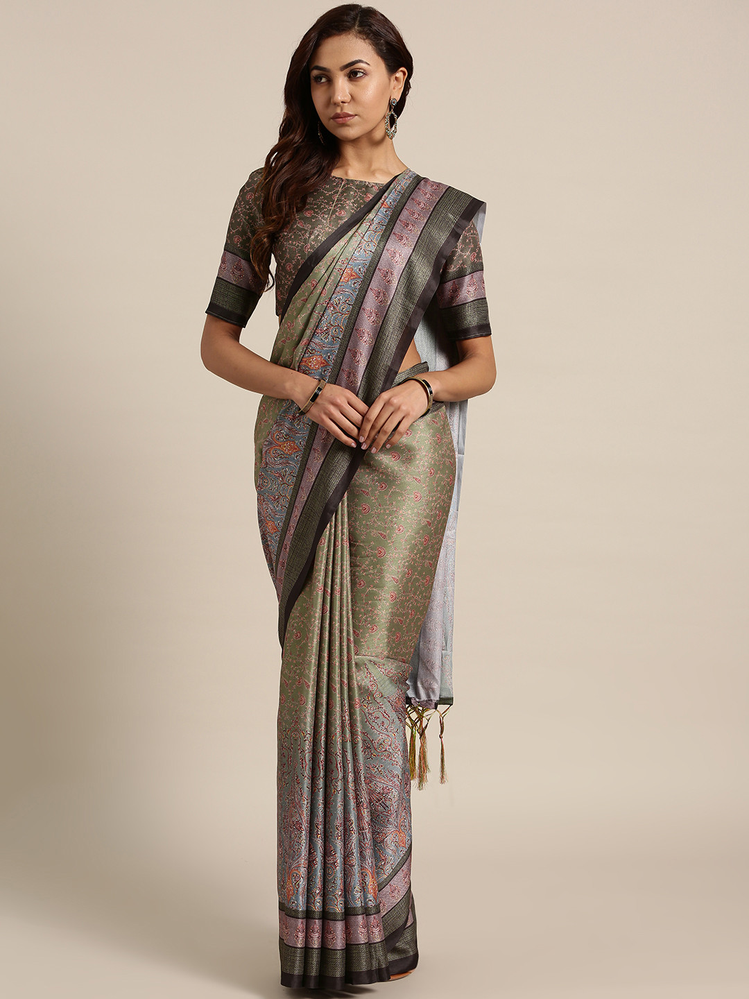 

Saree mall Olive Green & Grey Printed Saree