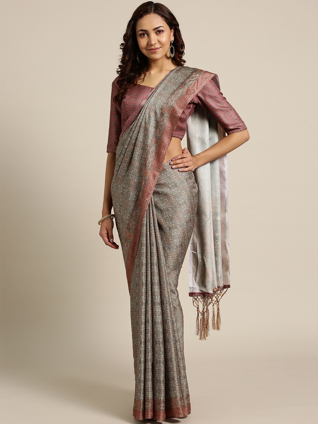 

Saree mall Olive Grey & Cream-Coloured Pashmina Print Saree