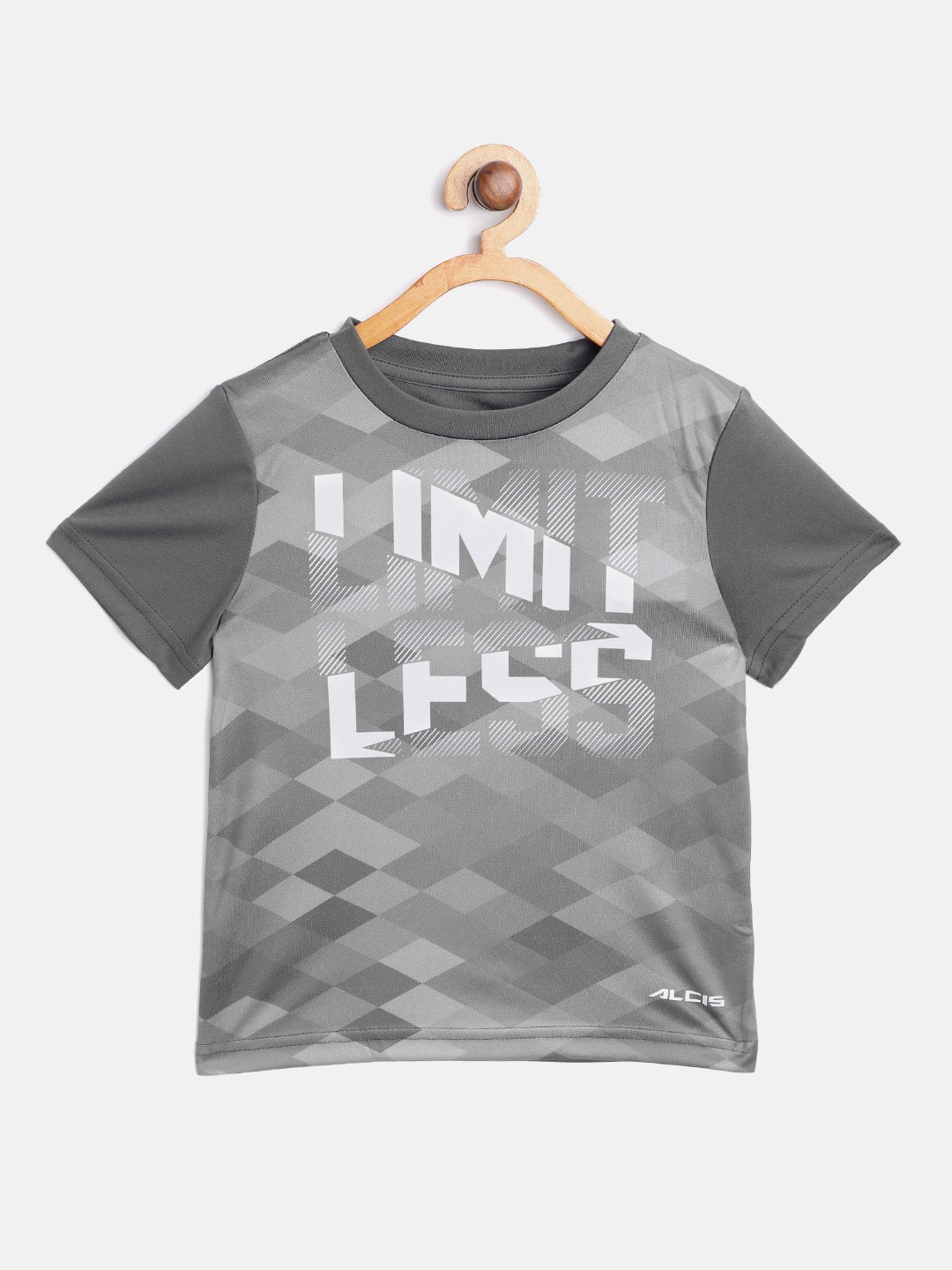 

Alcis Boys Grey & White Geometric & Typography Print Slim Fit Dri-FIT T-shirt