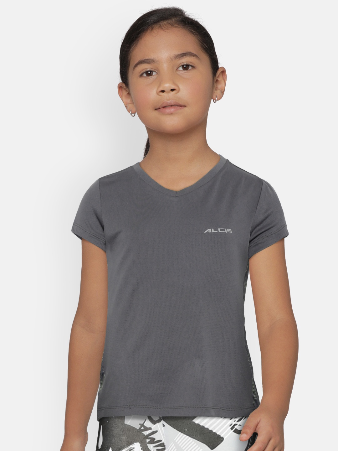 

Alcis Girls Grey Solid V-Neck T-shirt