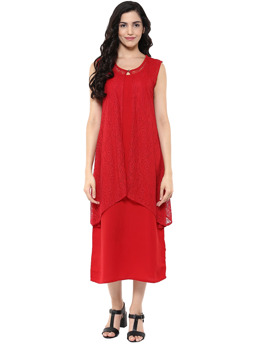 

Fusion Beats Women Maroon Lace Layered A-Line Dress