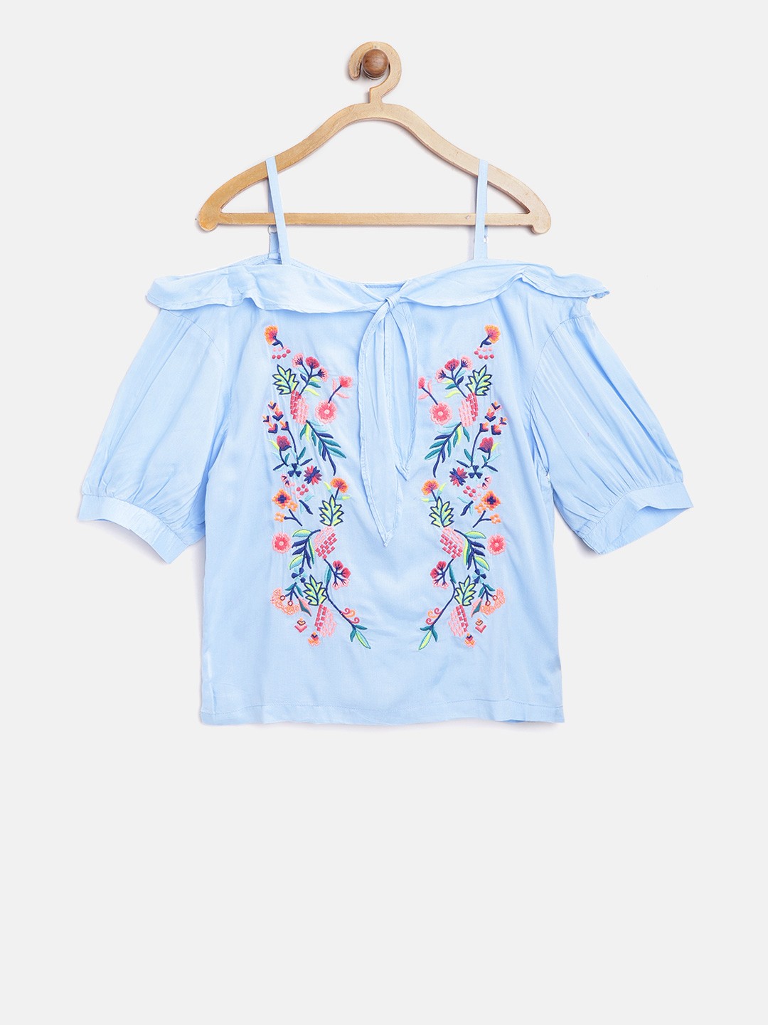 

Natilene Girls Blue & Coral Orange Embroidered Bardot Pure Cotton Top
