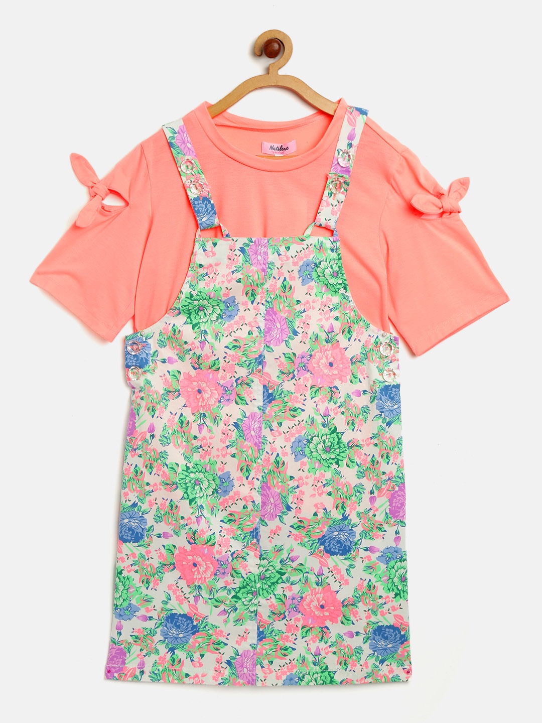 

Natilene Girls Coral Pink & White Floral Printed Pinafore Dress with Top