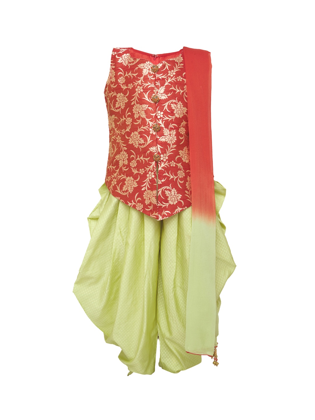 

BETTY Girls Red & Green Self Design Kurti with Dhoti Pants & Dupatta