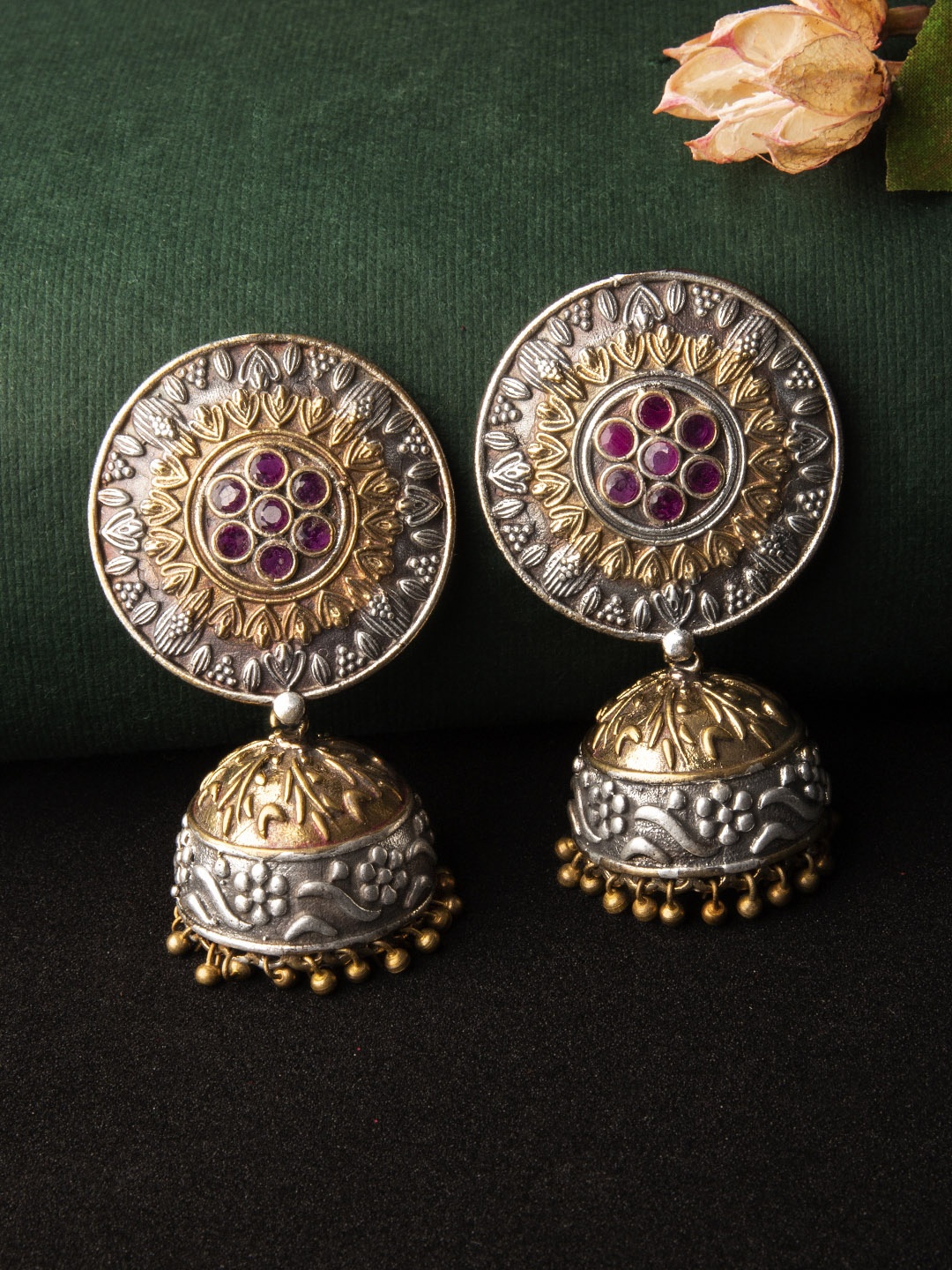 

Rubans Oxidised Silver-Toned & Antique Gold-Toned Handcrafted Dome Shaped Jhumkas