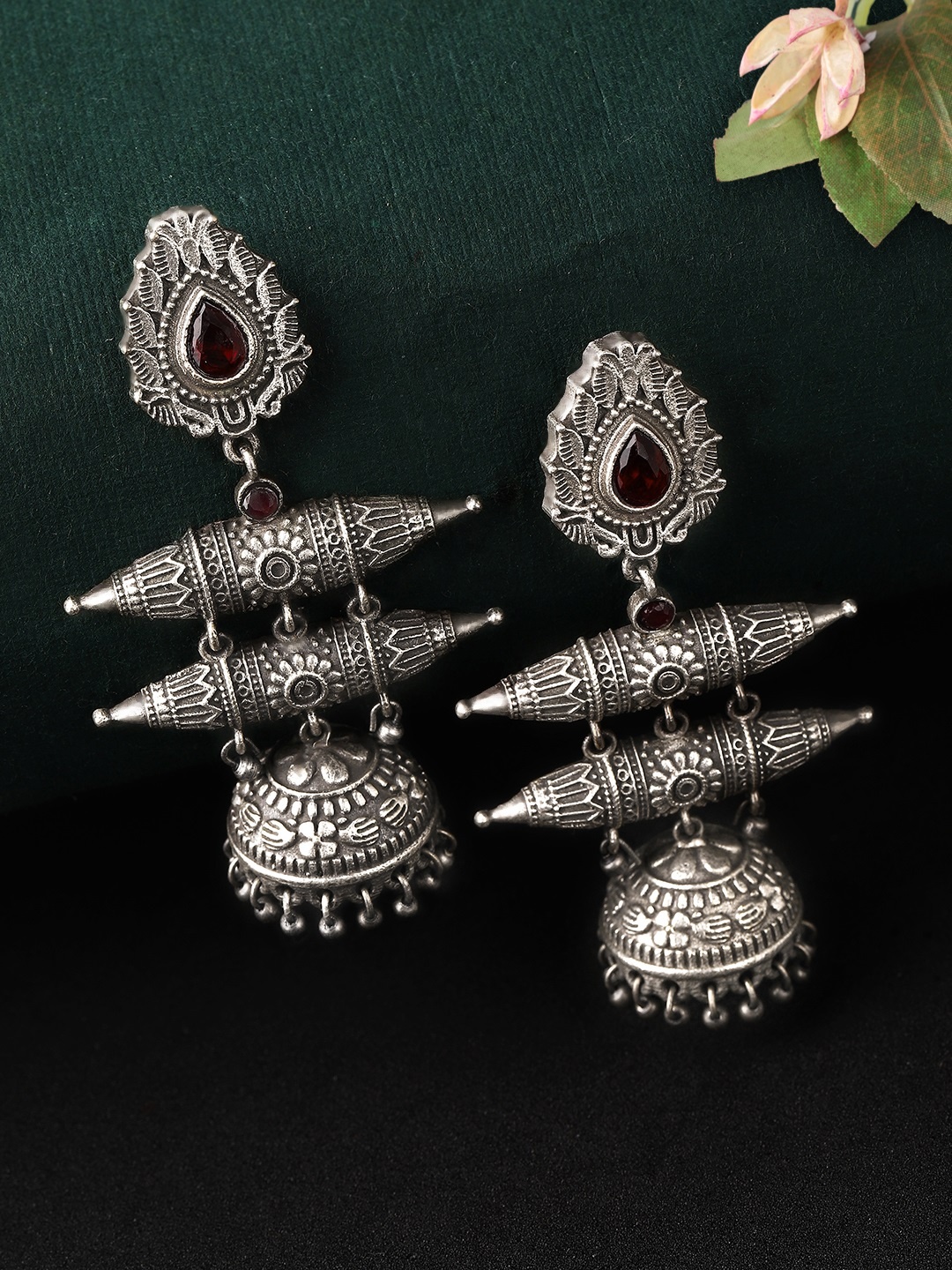 

Rubans Oxidised Silver-Toned & Red Handcrafted Dome Shaped Jhumkas