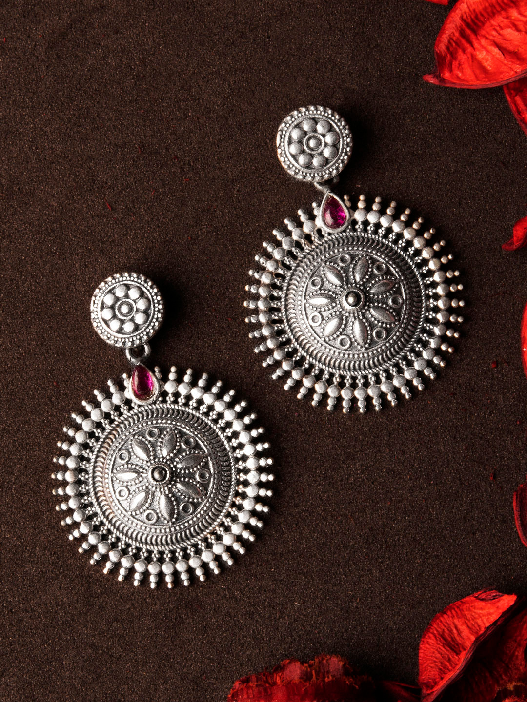 

Rubans Oxidised Silver-Toned & Red Handcrafted Circular Drop Earrings