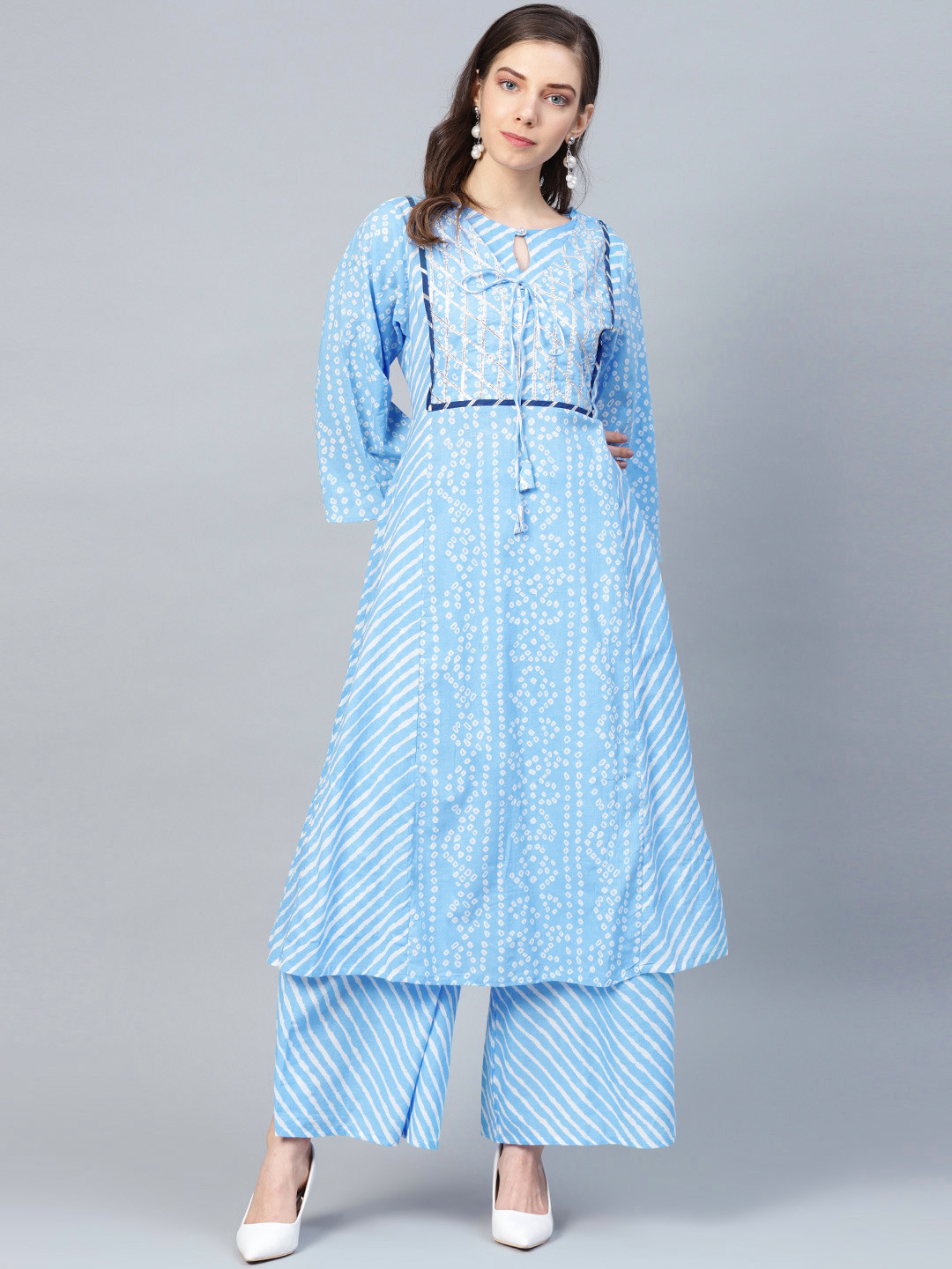 

Bhama Couture Women Blue & White Bandhani Printed Kurta with Palazzos