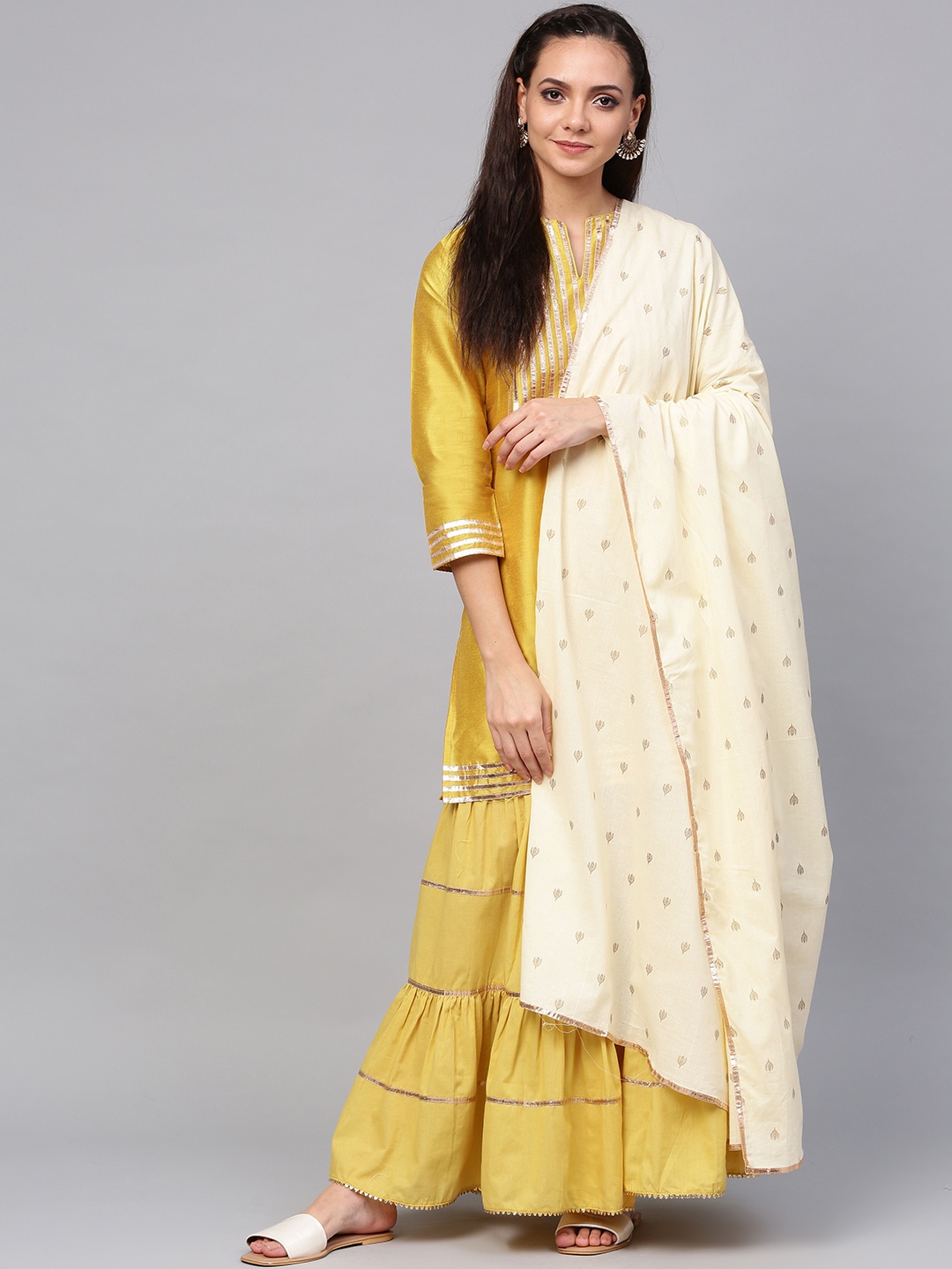 

Bhama Couture Women Mustard Yellow & Beige Yoke Design Kurta with Sharara & Dupatta