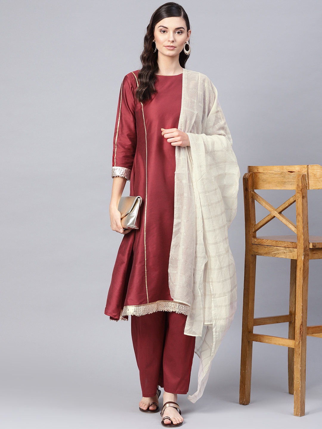 

Bhama Couture Women Maroon Gotta Patti Detail Silk Kurta with Palazzos & Dupatta
