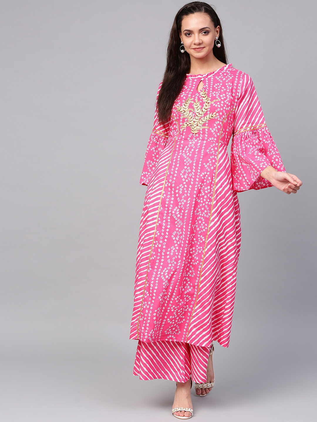 

Bhama Couture Women Pink & White Bandhani Print Kurta with Palazzos