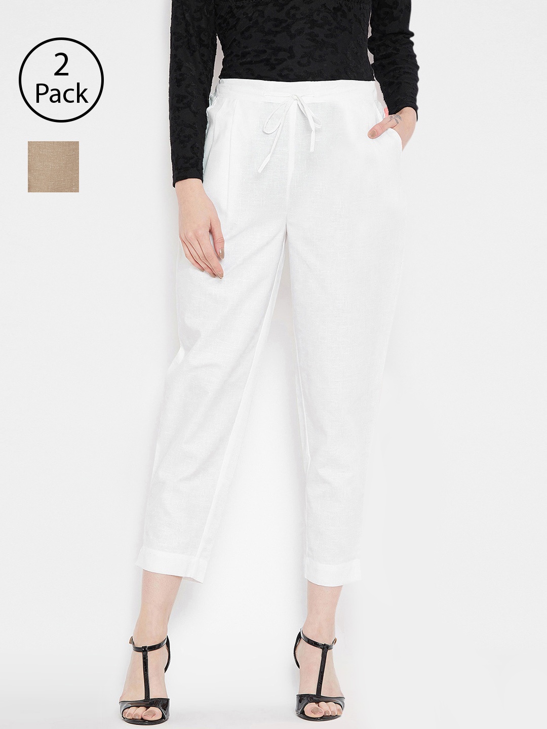 

Bitterlime Women Off-White & Brown Relaxed Regular Fit Solid Peg Trousers