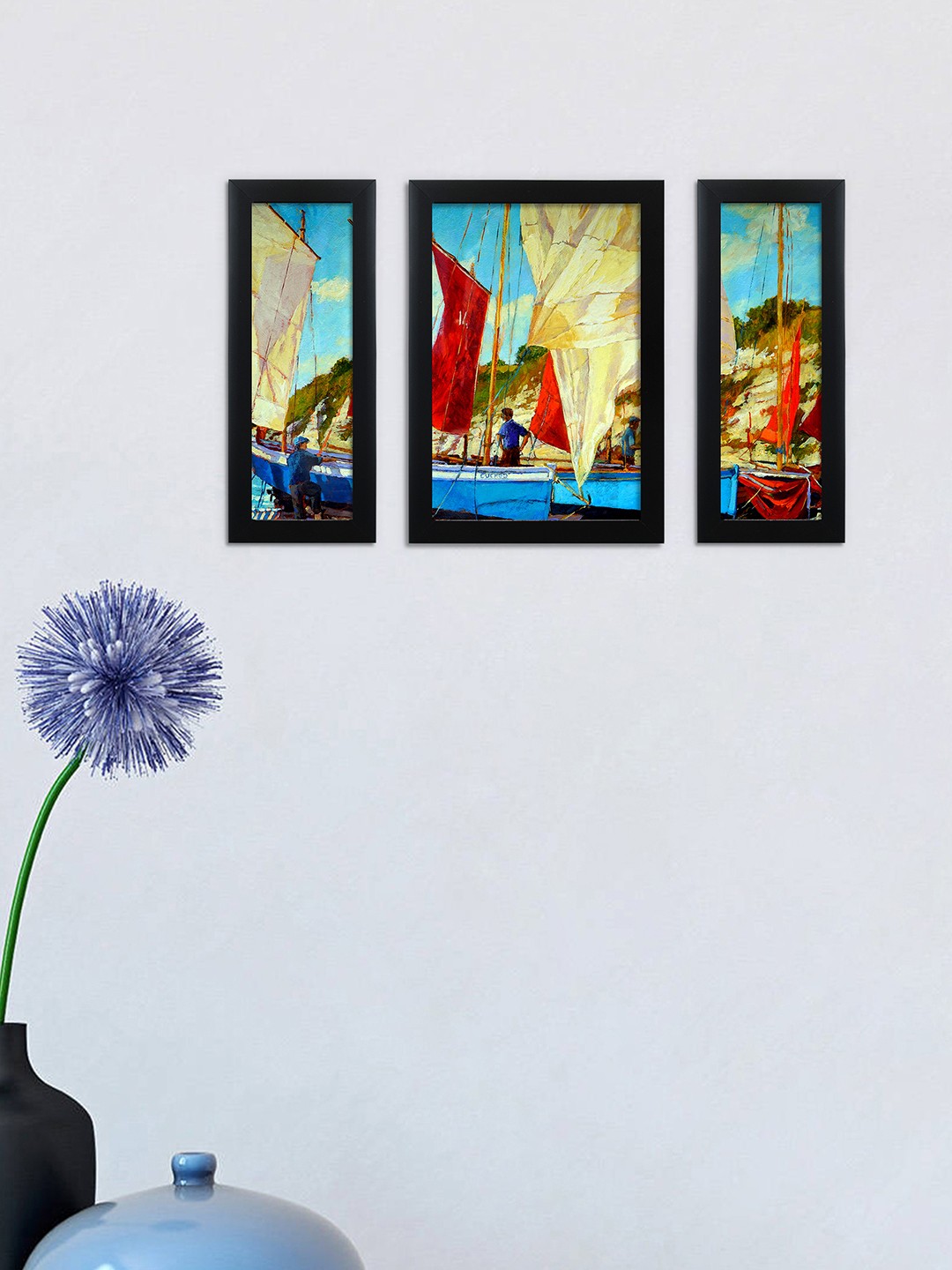 

nest ART Set of 3 Multicoloured Synthetic Wood Abstract Sailor Boat Paintings Wall Art, Multi