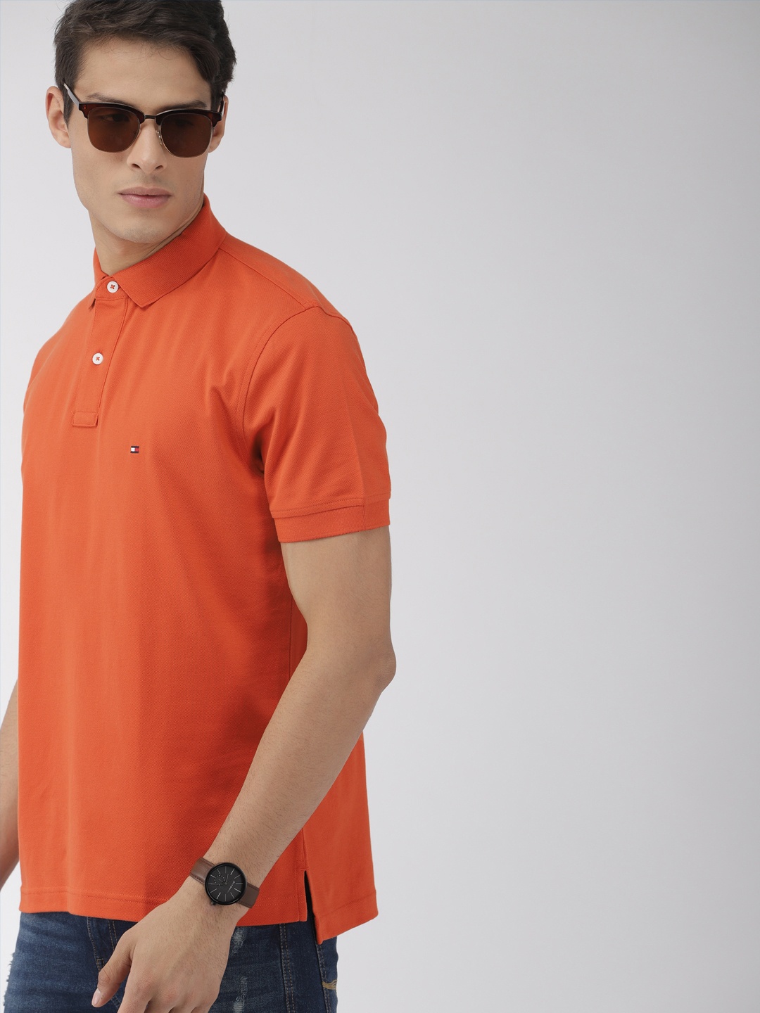 

Tommy Hilfiger Men Rust Orange Solid Polo Pure Cotton T-shirt