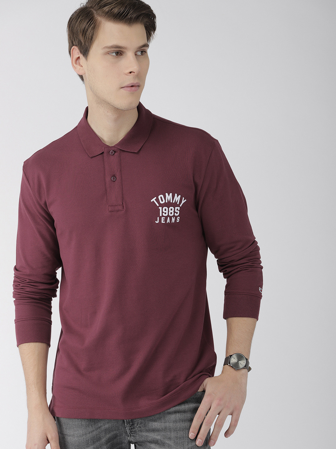 

Tommy Hilfiger Men Burgundy Solid Regular Fit Polo Collar Pure Cotton T-shirt