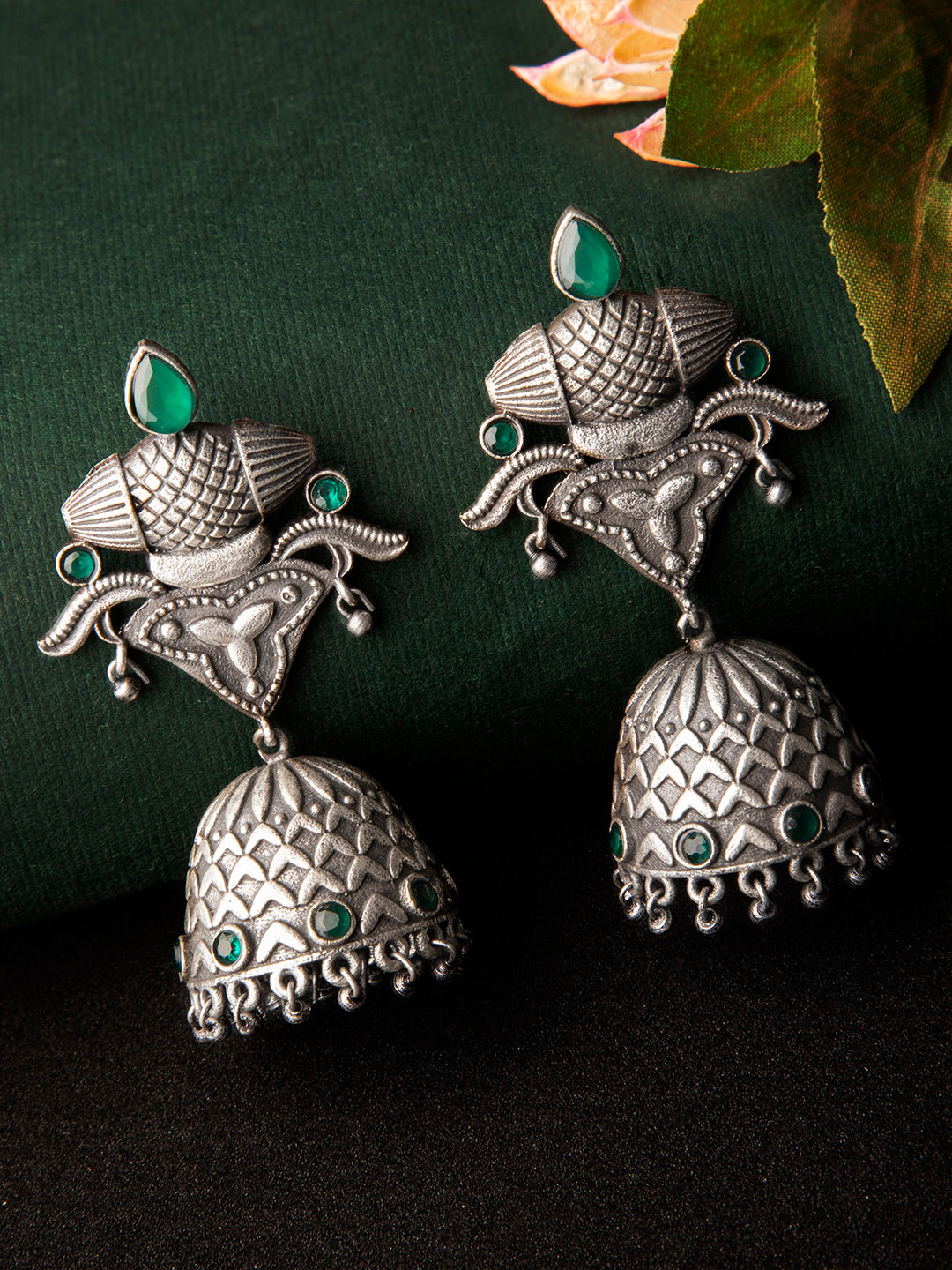 

Rubans Oxidised Silver-Toned Dome Shaped Handcrafted Jhumkas