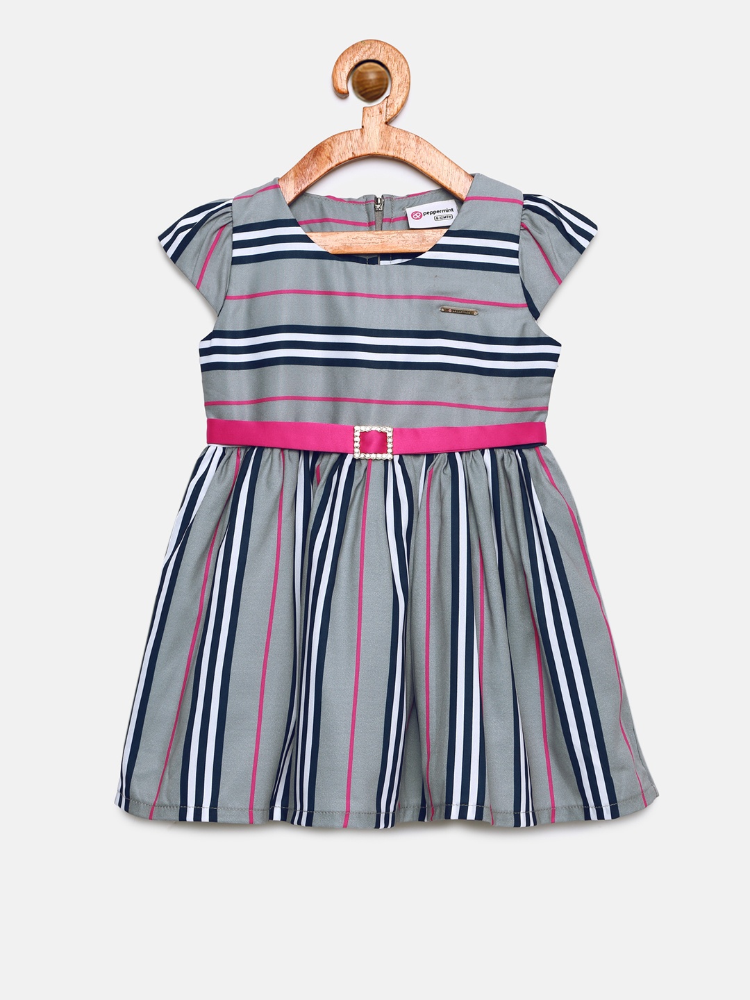 

Peppermint Girls Grey & Navy Blue Striped Fit and Flare Dress