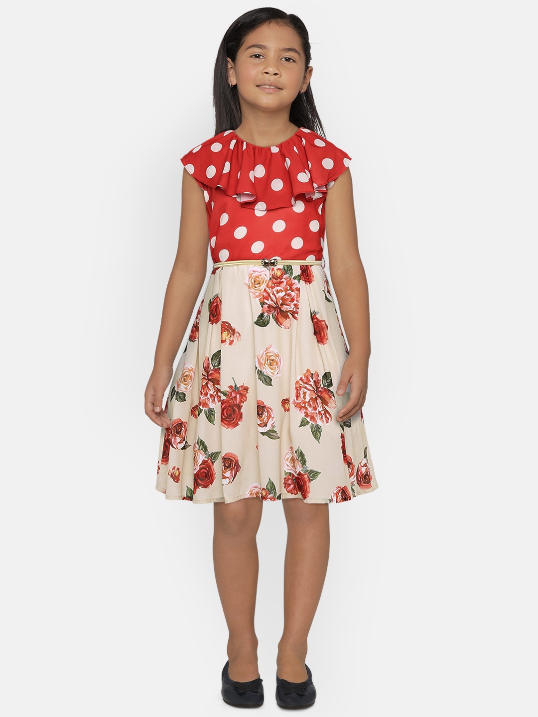 

Peppermint Girls Rust-Coloured & Beige Fit and Flare Dress