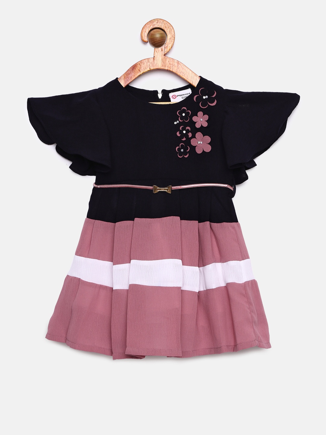 

Peppermint Girls Navy Blue & Pink Colourblocked Fit and Flare Dress