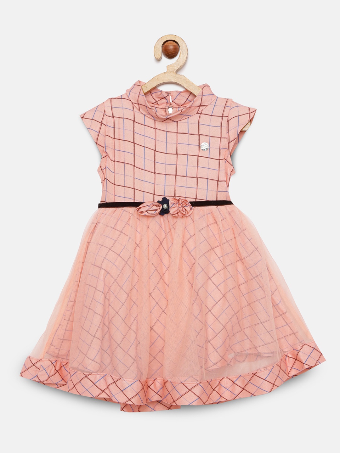 

Peppermint Girls Peach-Coloured Checked Fit and Flare Dress