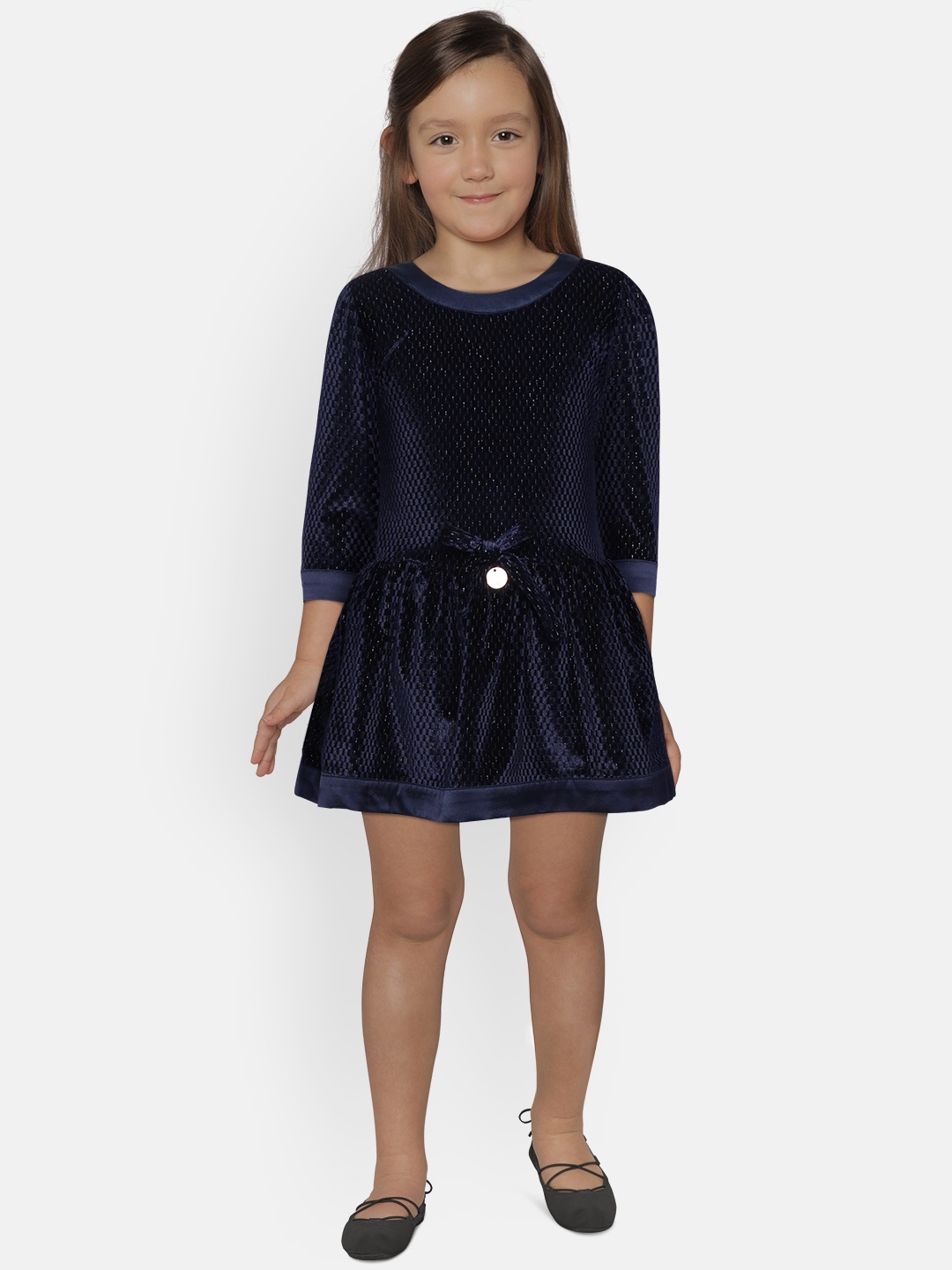 

Peppermint Girls Self Design Navy Blue Fit and Flare Velvet Dress