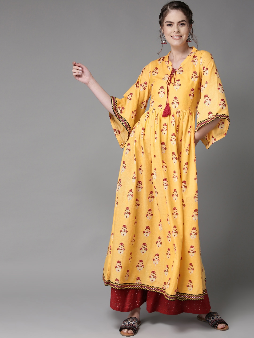 

HERE&NOW Women Yellow & Maroon Printed Anarkali Kurta