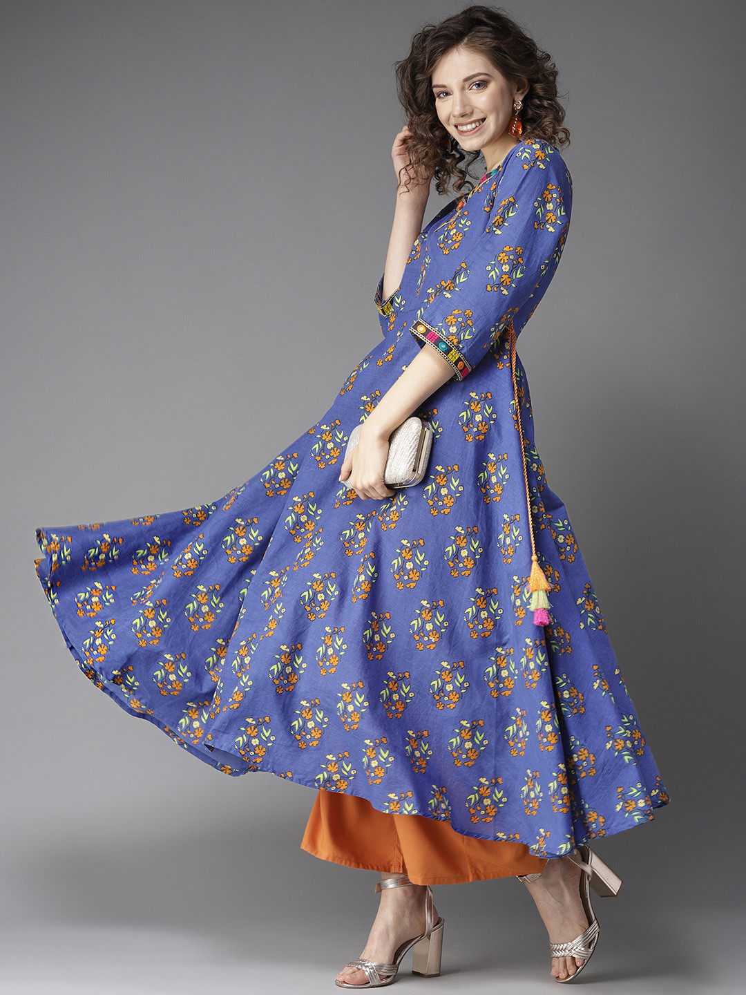 

HERE&NOW Women Blue & Orange Printed Anarkali Kurta