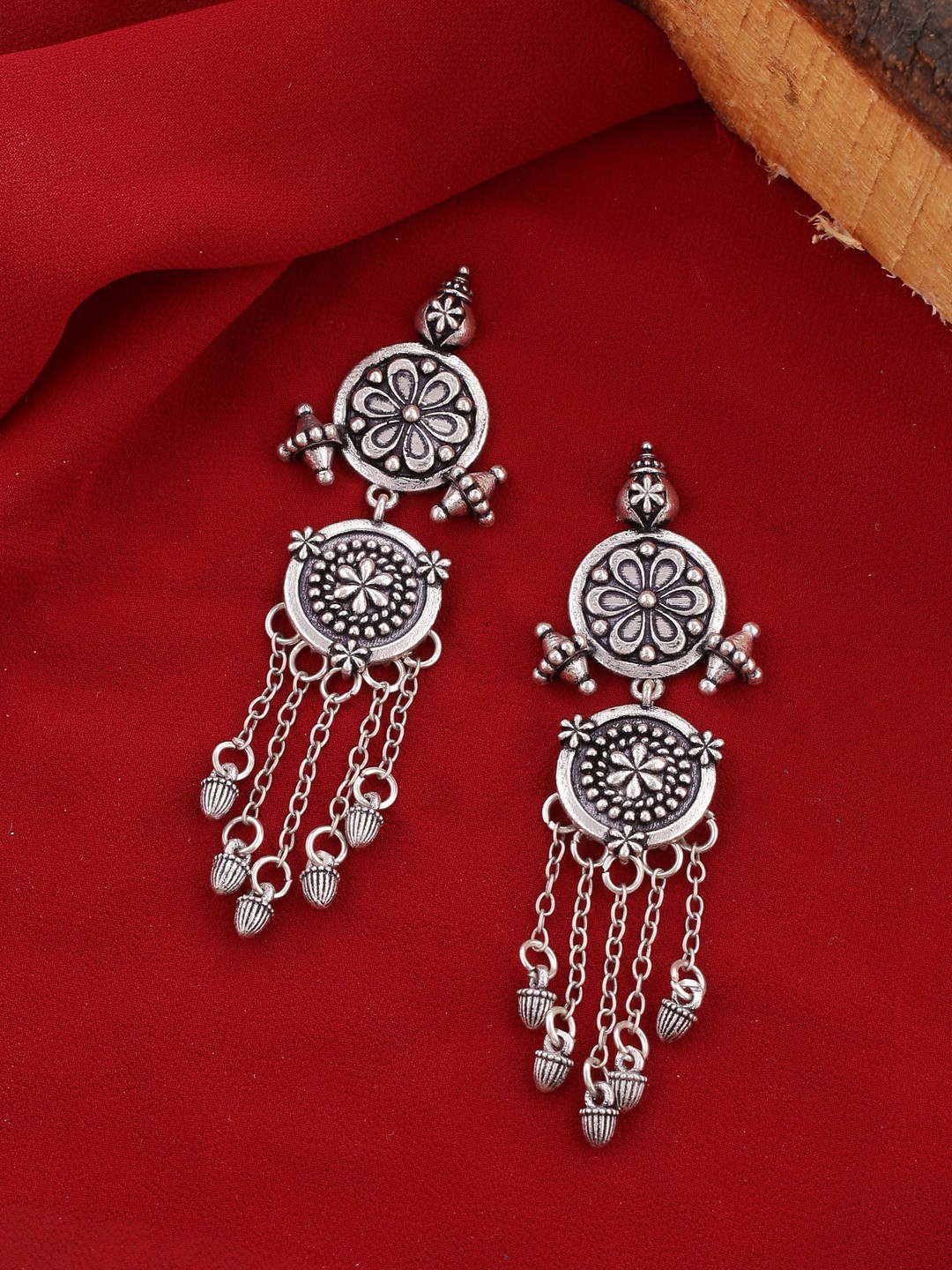 

Voylla Oxidised Silver-Plated Contemporary Drop Earrings