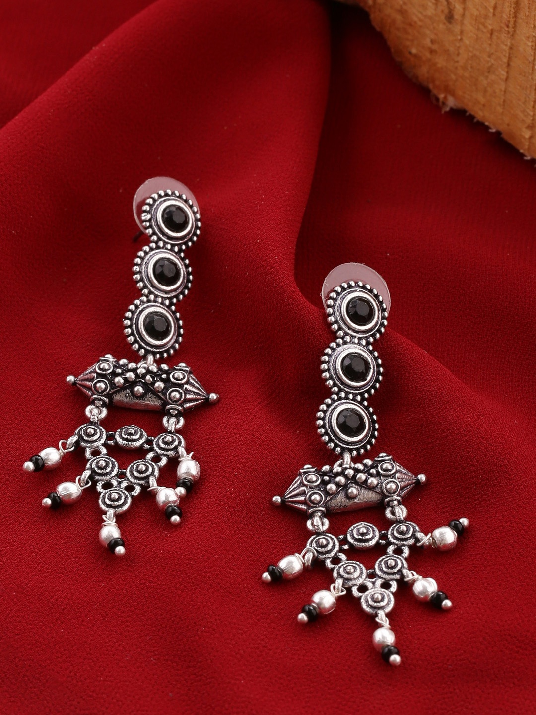 

Voylla Silver-Plated & Black Classic Oxidised Drop Earrings