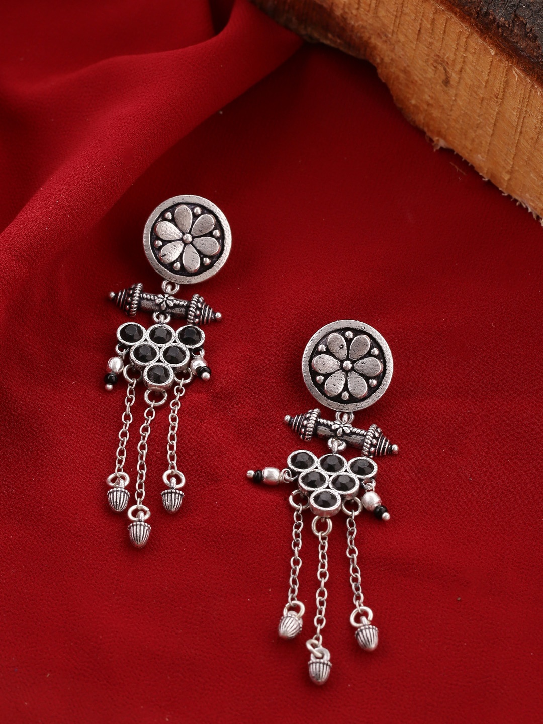 

Voylla Oxidised Silver-Plated Contemporary Drop Earrings