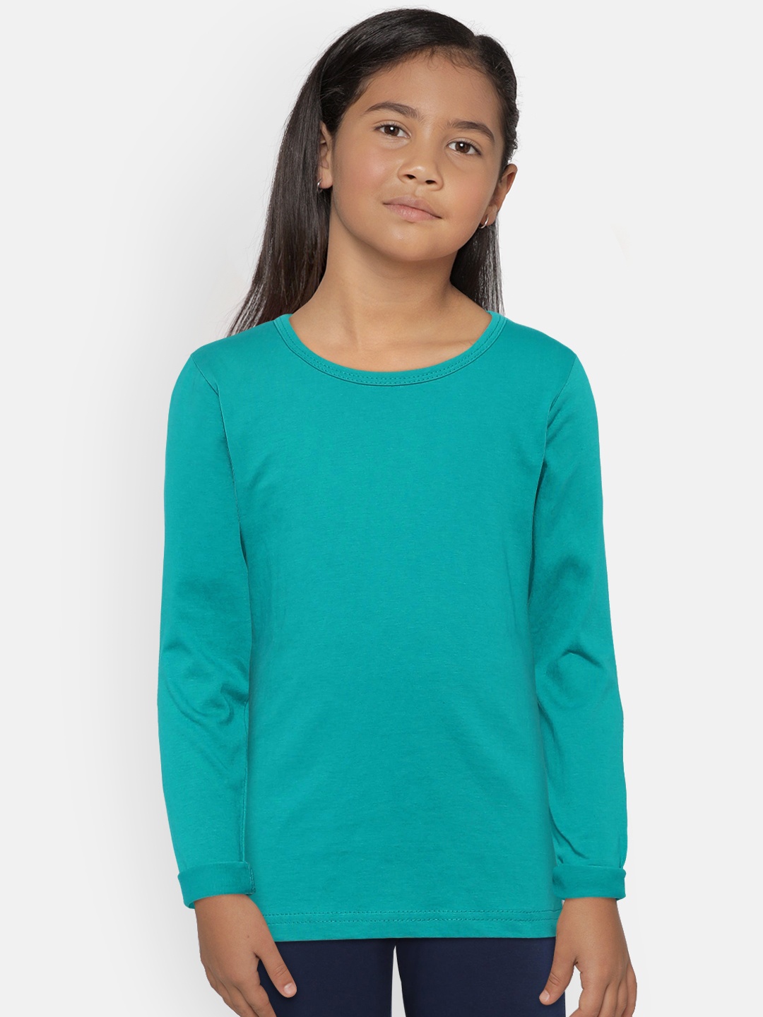 

SINI MINI Girls Teal Green Solid Round Neck Pure Cotton T-shirt