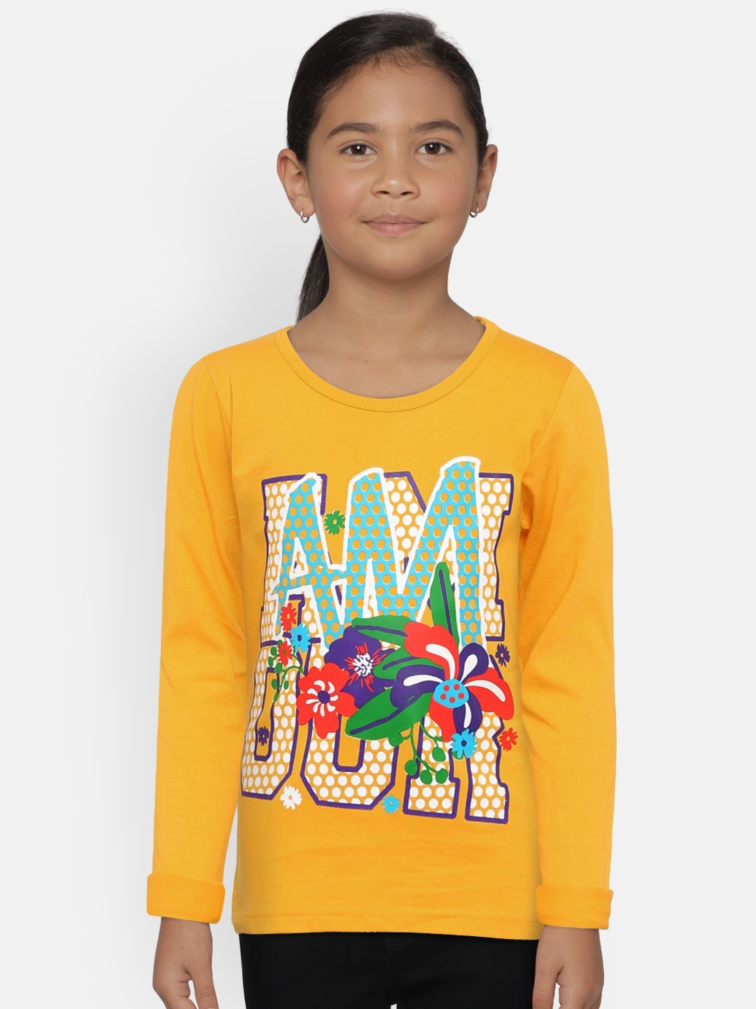 

SINI MINI Girls Rose Printed Round Neck Pure Cotton T-shirt, Yellow