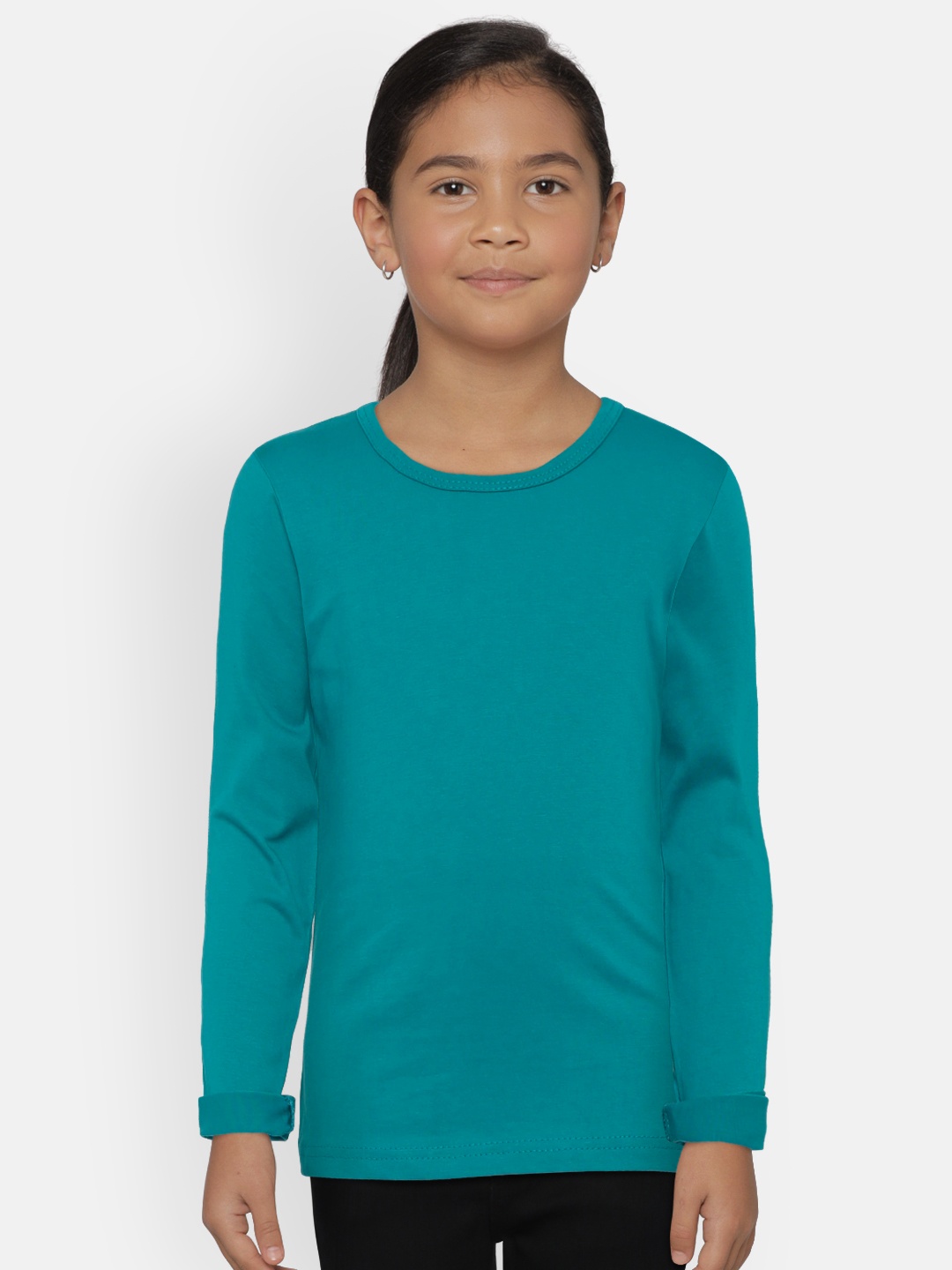 

SINI MINI Girls Teal Blue Solid Round Neck Pure Cotton T-shirt