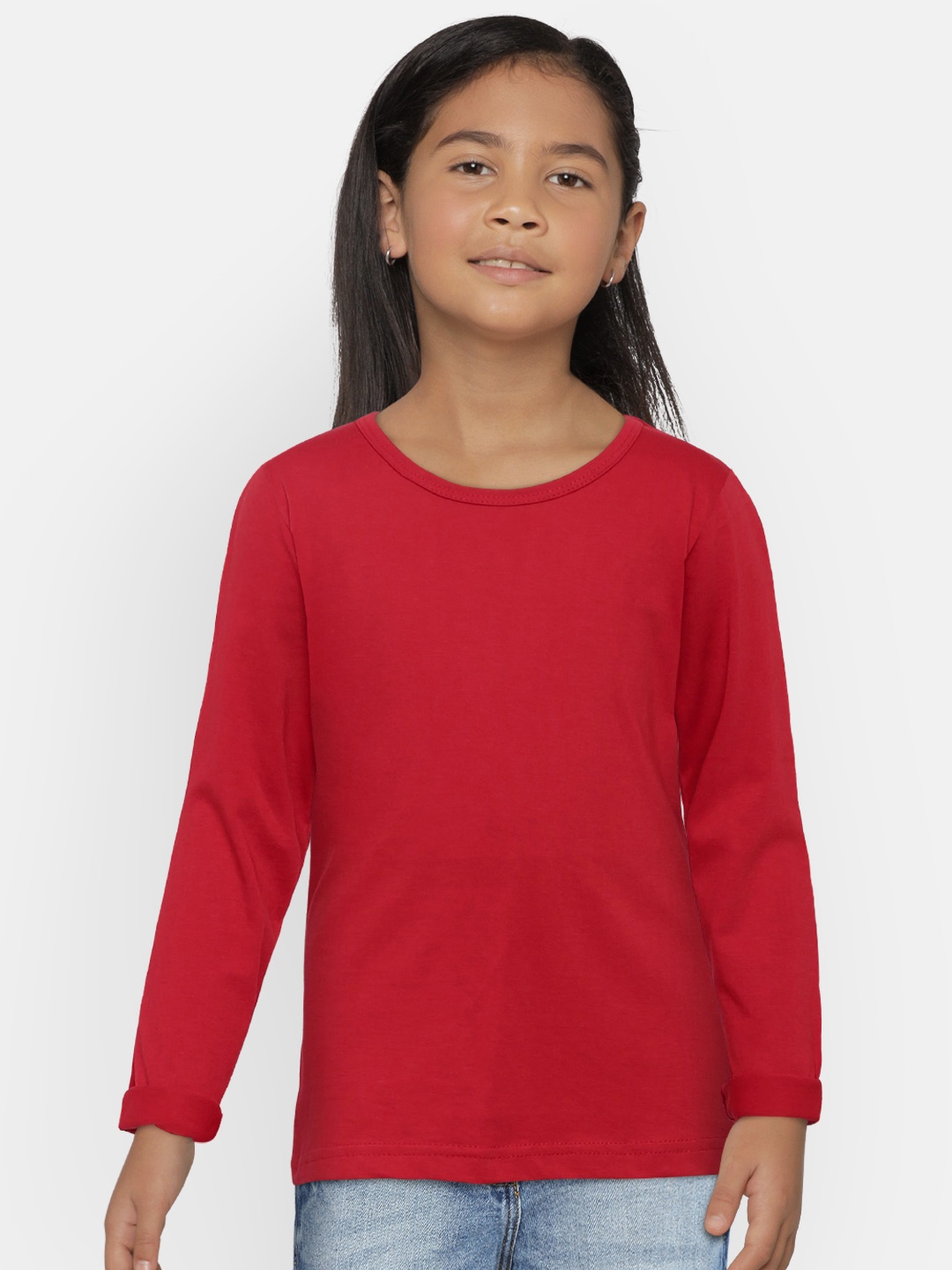 

SINI MINI Girls Red Solid Round Neck T-shirt