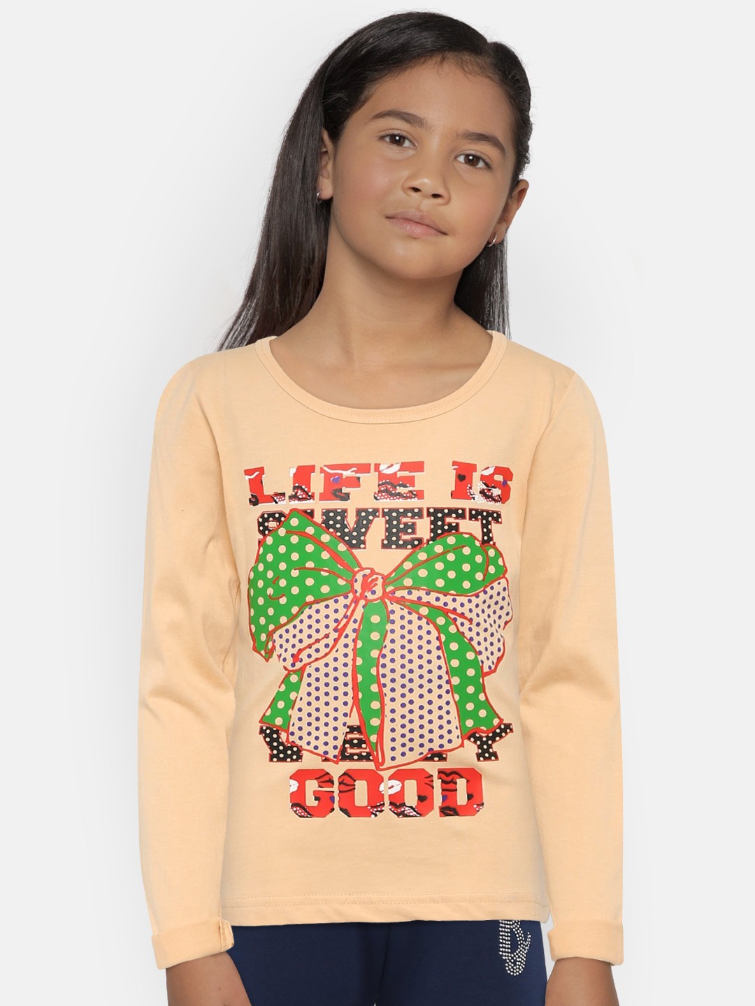 

SINI MINI Girls Beige Printed Round Neck T-shirt