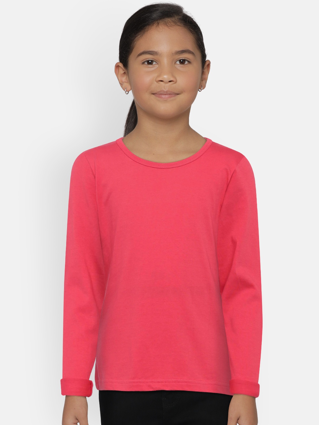 

SINI MINI Girls Pink Solid Round Neck T-shirt