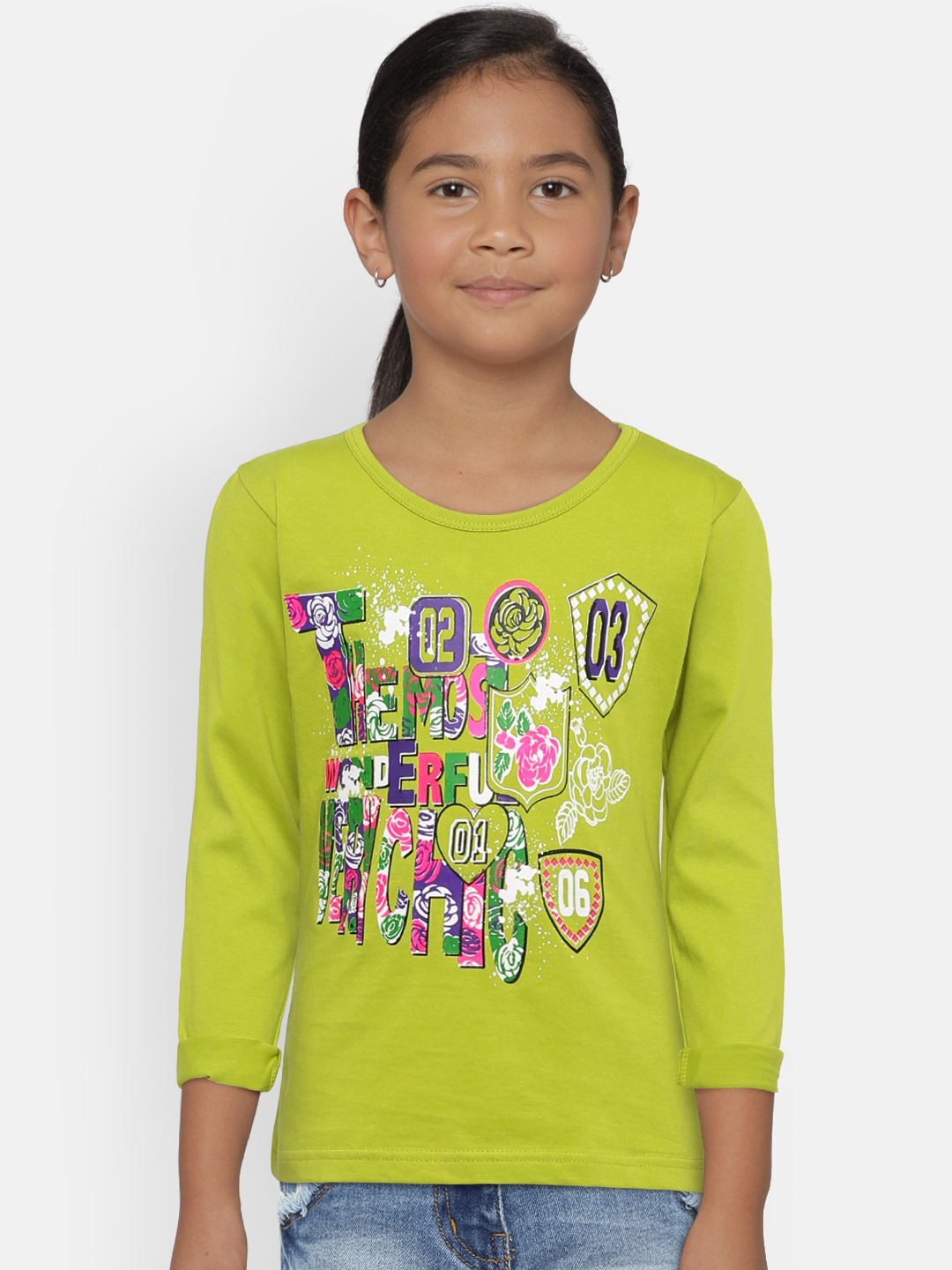 

SINI MINI Girls Rose Printed Round Neck Pure Cotton T-shirt, Lime green