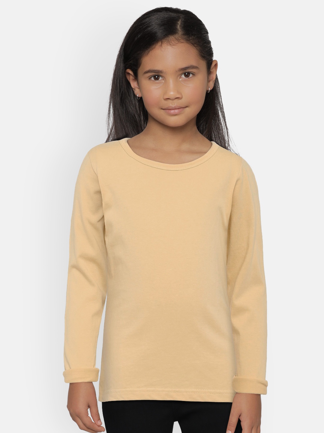 

SINI MINI Girls Beige Solid Round Neck Pure Cotton T-shirt