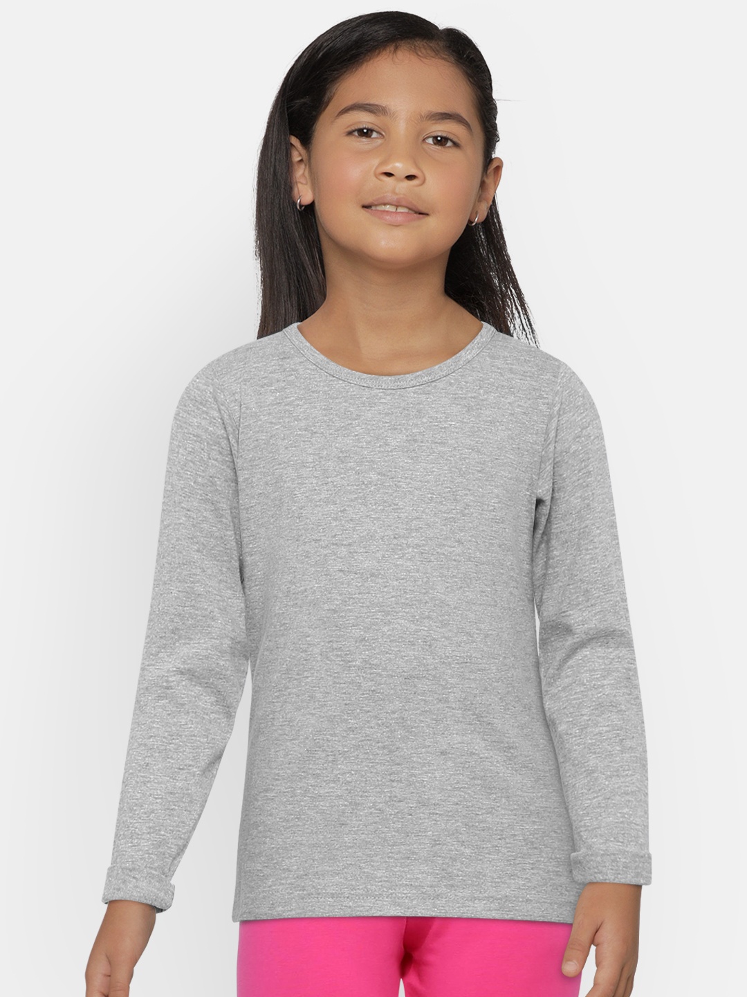 

SINI MINI Girls Grey Melange Solid Round Neck Pure Cotton T-shirt