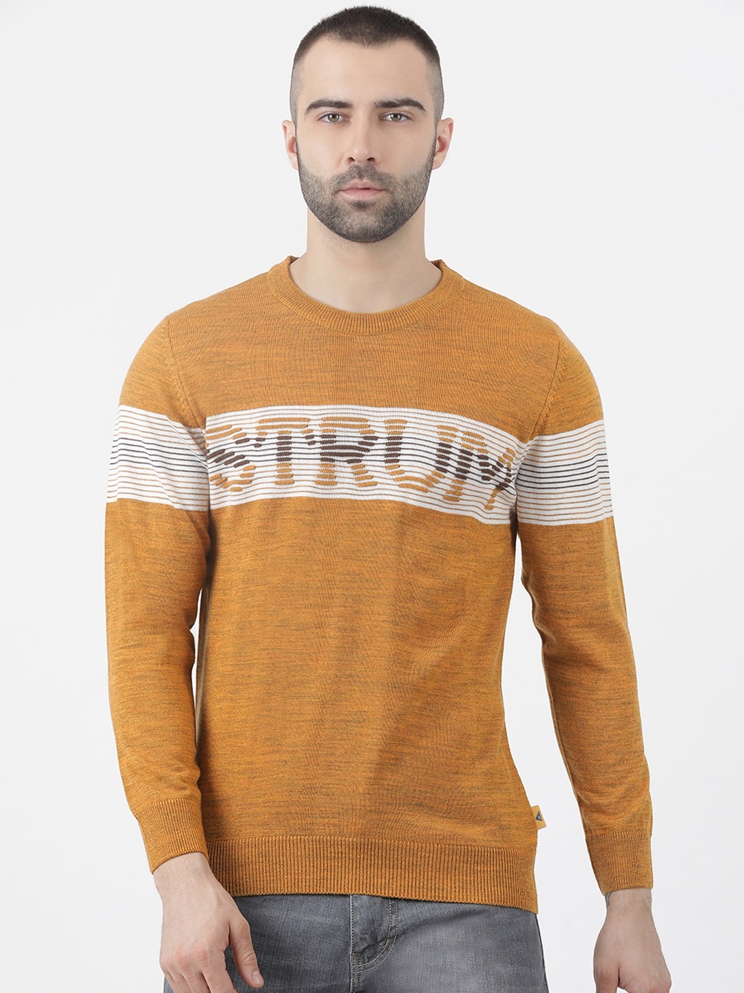 

Monte Carlo Men Mustard Yellow & Off-White Self Design Sweater