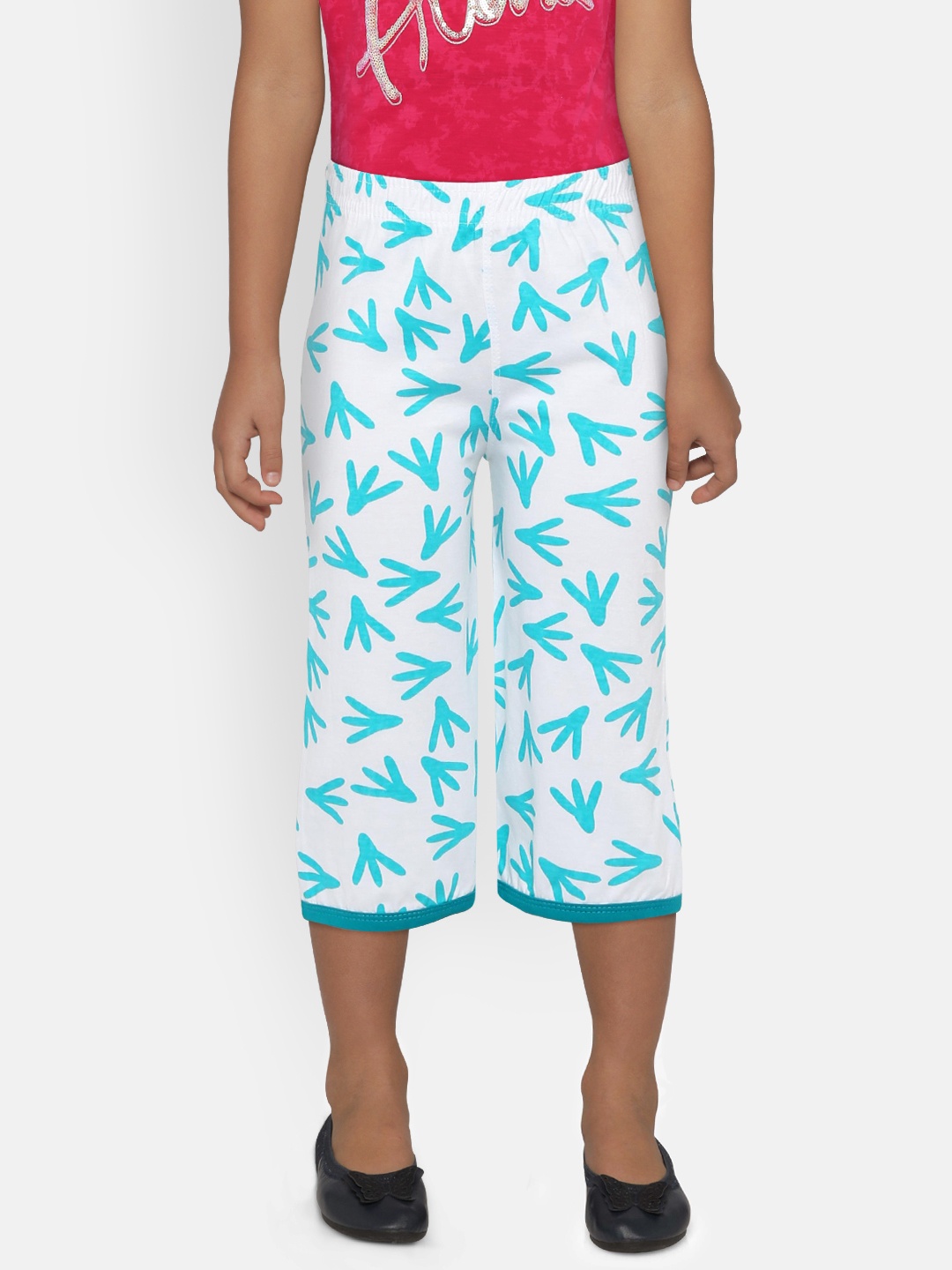 

SINI MINI Girls White & Blue Printed Regular Fit Capris, Sea green