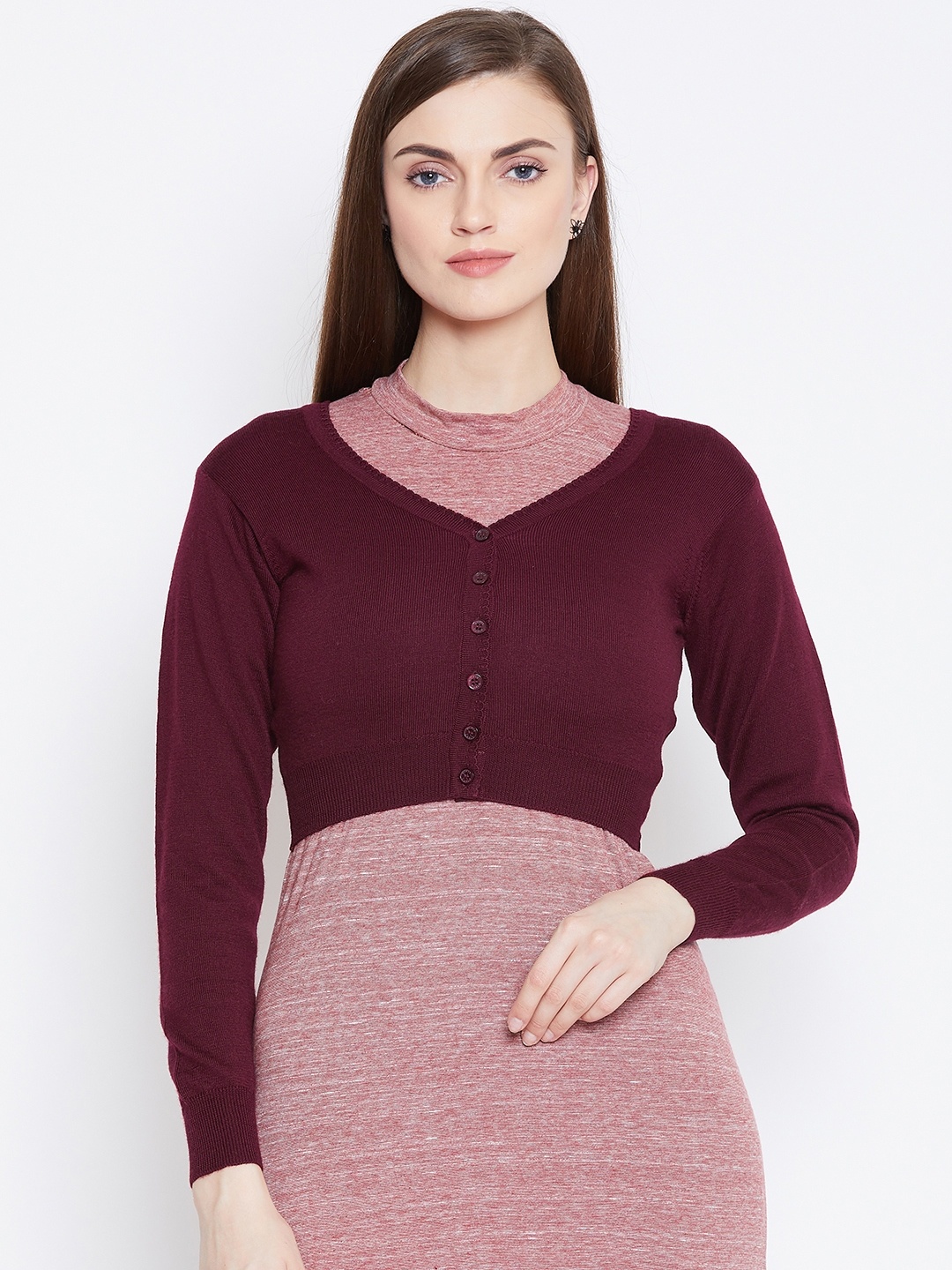 

Monte Carlo Women Maroon Solid Crop Cardigan